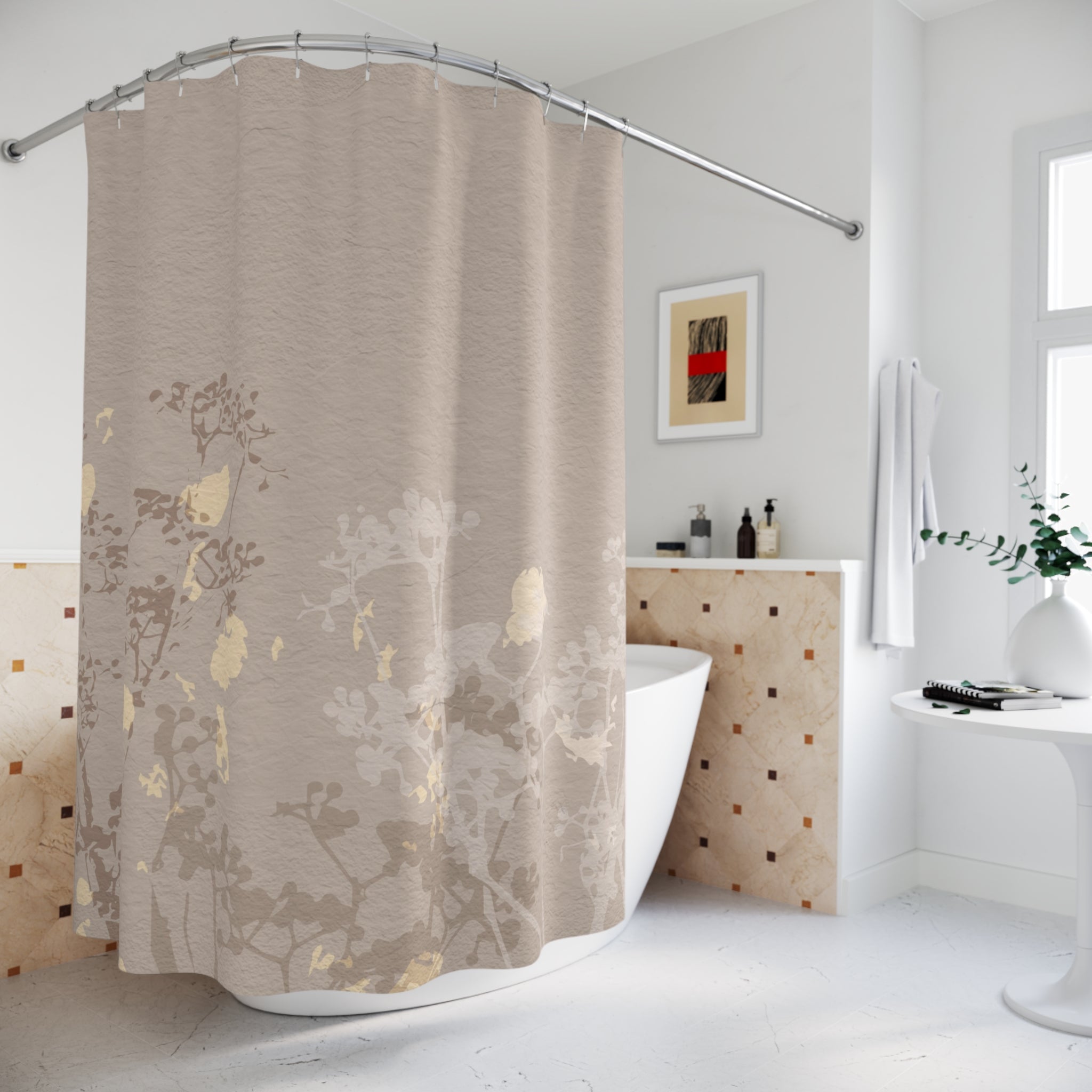Boho Shower Curtain | Beige Brown, Taupe Floral