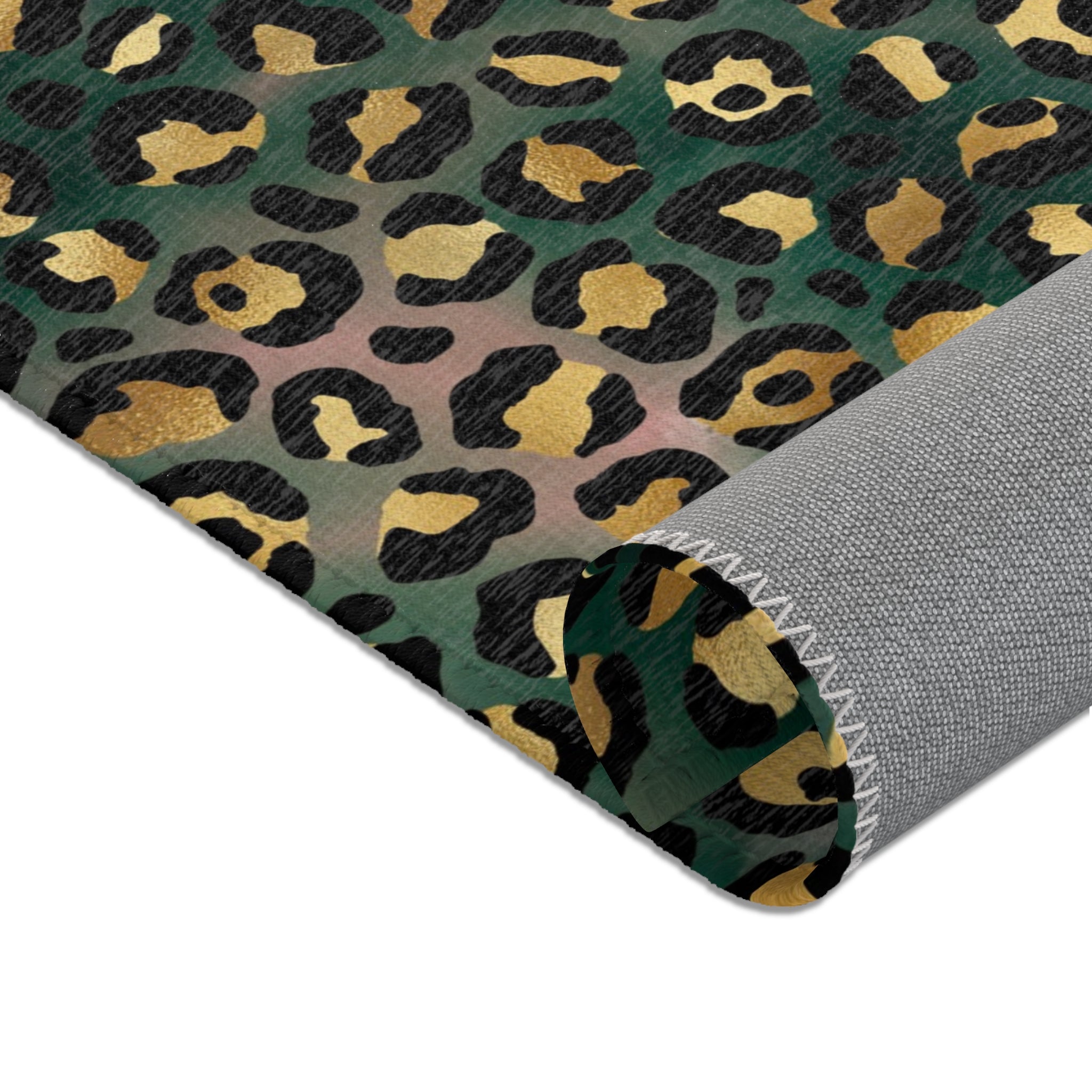 Dark forest green, black and beige leopard animal print large area rug in a bright contemporary interior