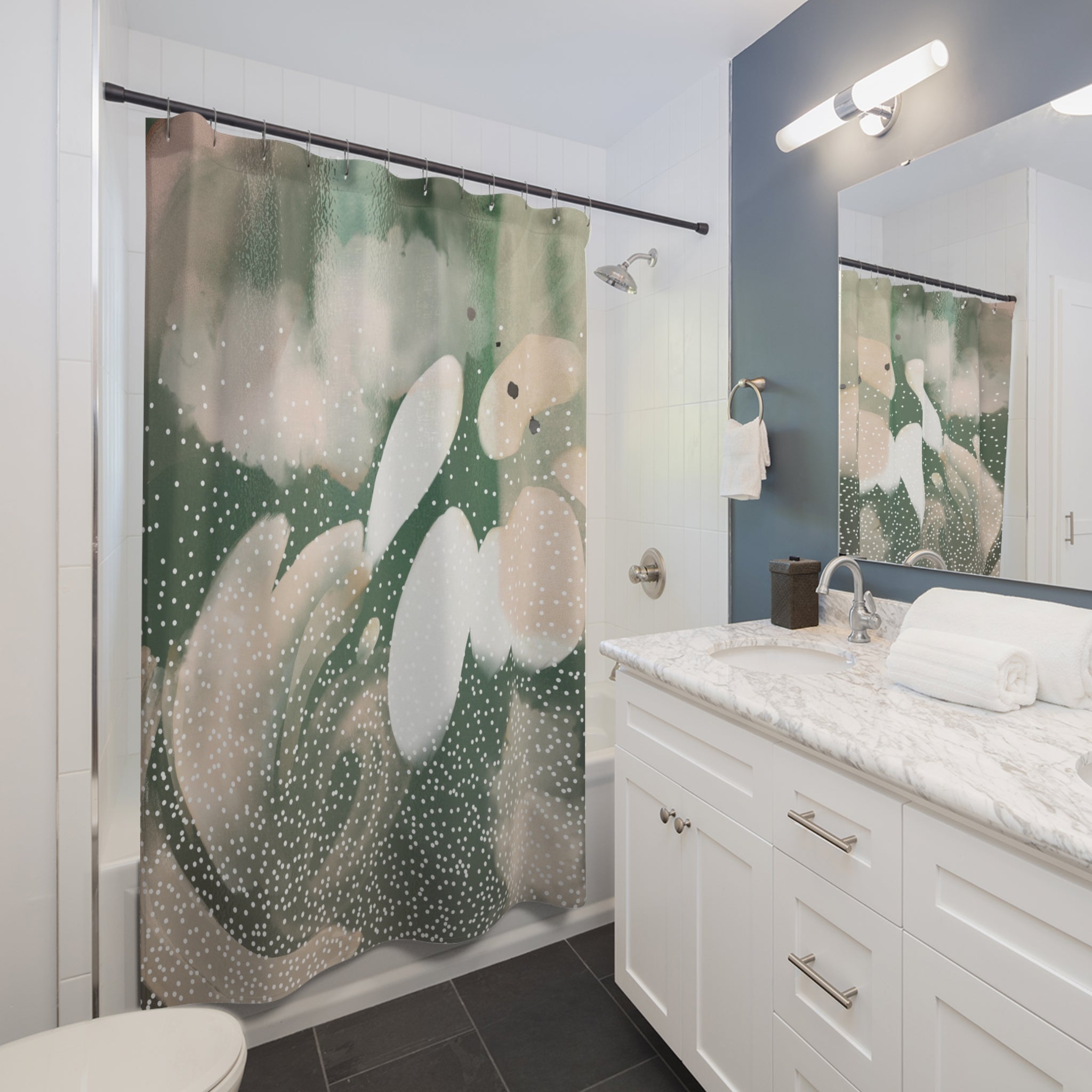 Boho Shower Curtain | Green, Blush Pink White Abstract