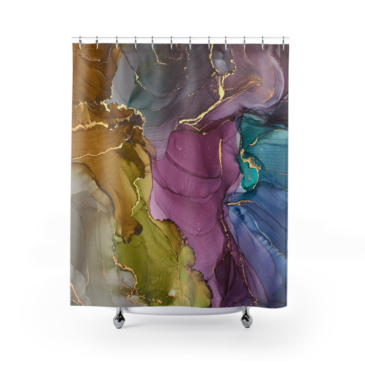 a vibrant abstract painting with a mix of colors and textures, including shades of purple, green, blue, and gold. The painting appears to be a large, colorful abstract artwork displayed on a shower curtain.