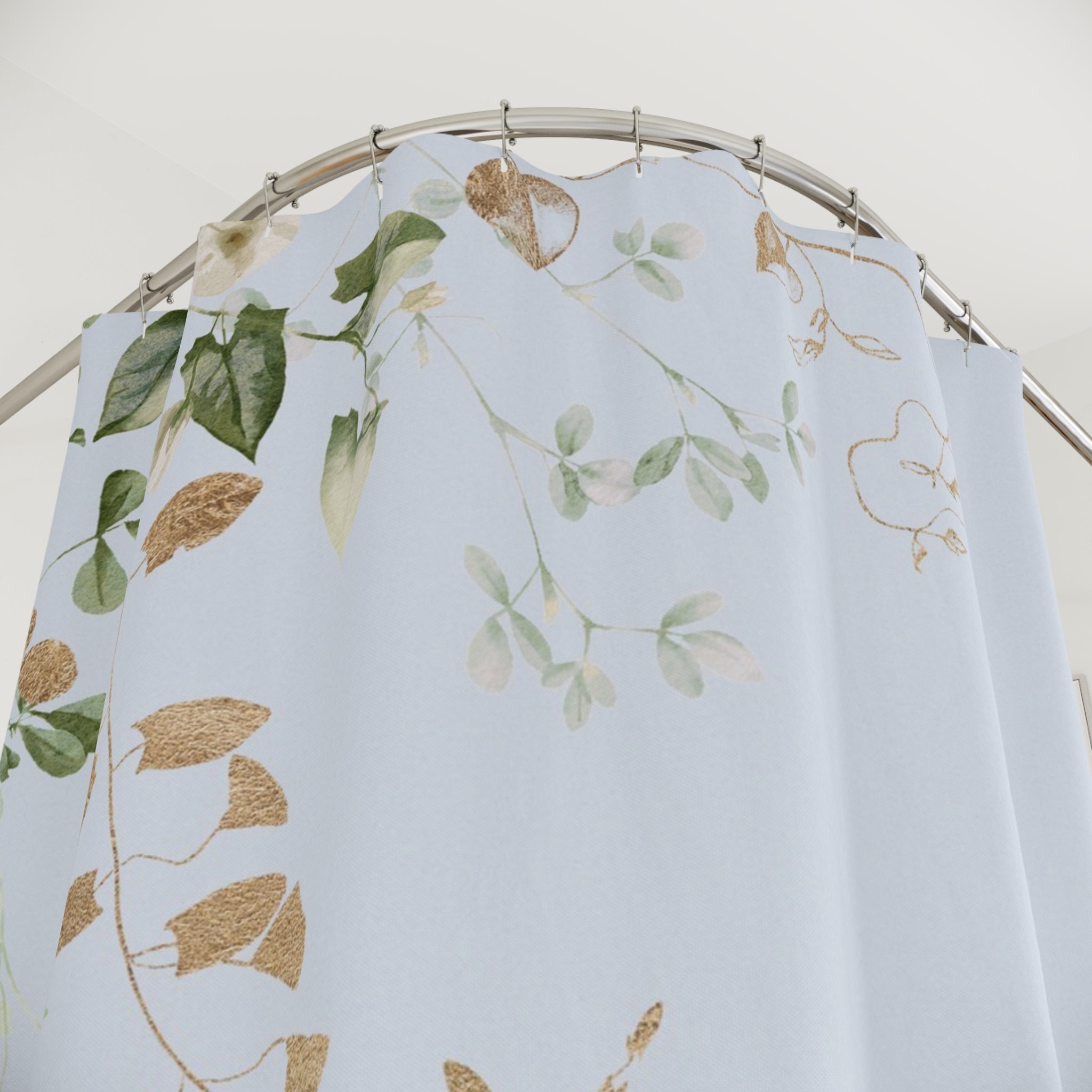 Pale Blue Shower Curtain | Floral, Beige Green Vine Leaves