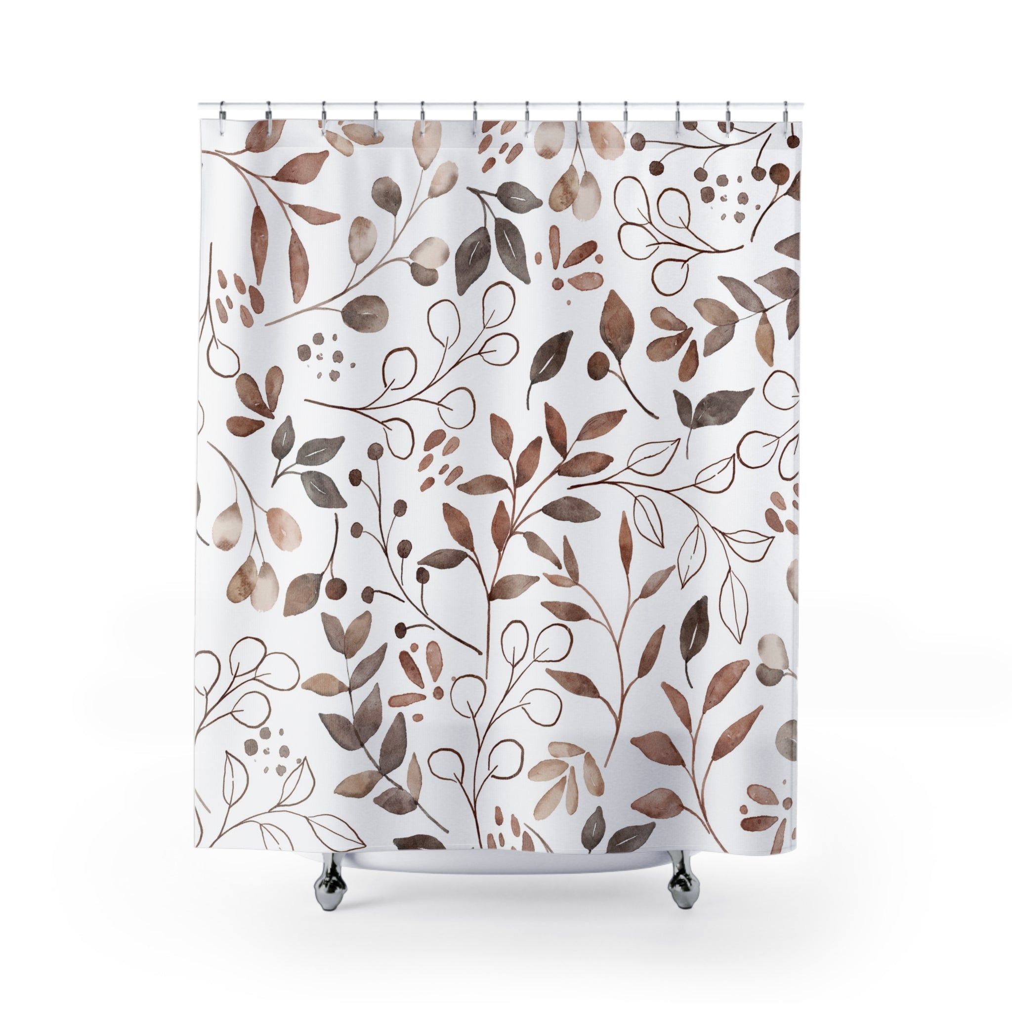 Boho Shower Curtain | Abstract Floral Leaves, Brown White