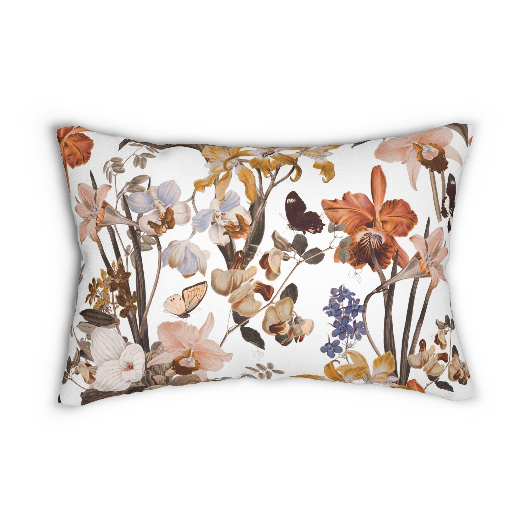 Tropical Floral Lumbar Pillow | Jungle Orchids White Yellow Orage Taupe
