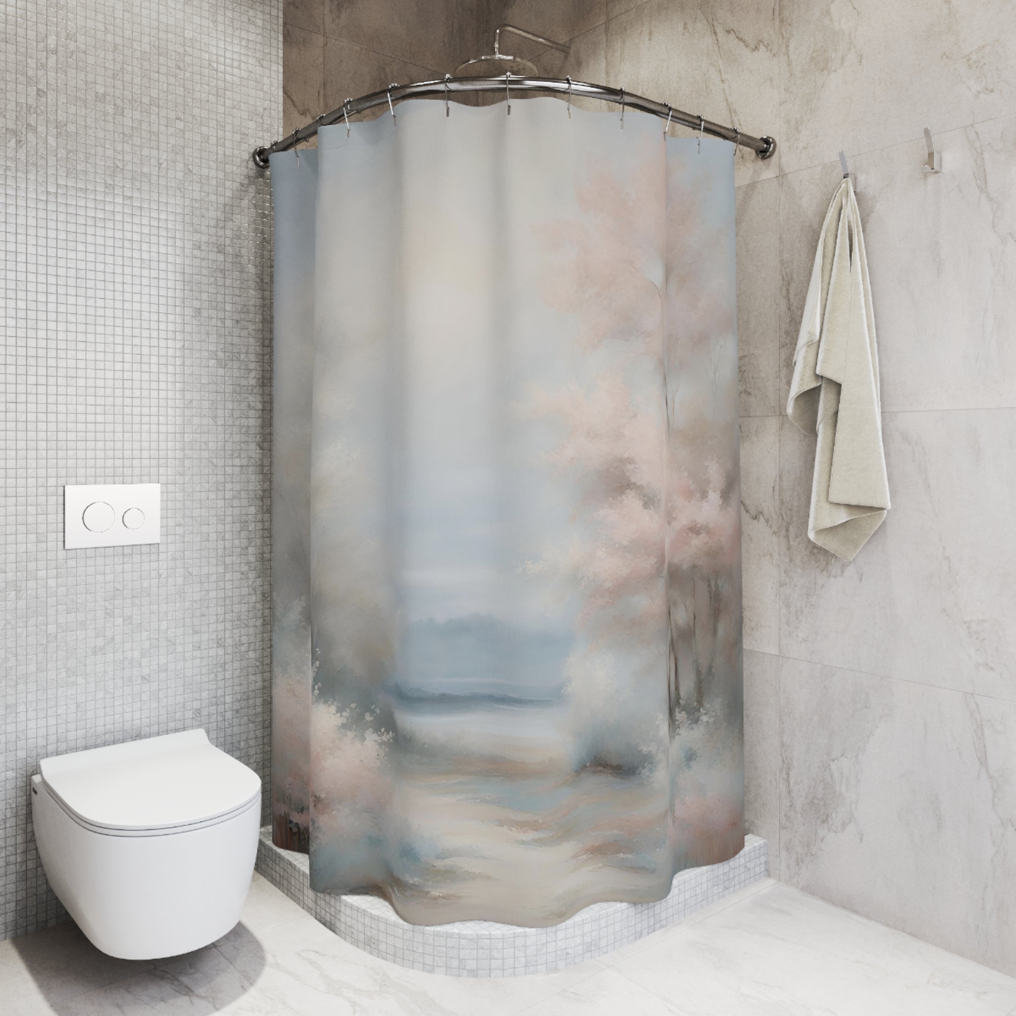 Boho Abstract Shower Curtain | Pastel Blue, Blush Pink Nature