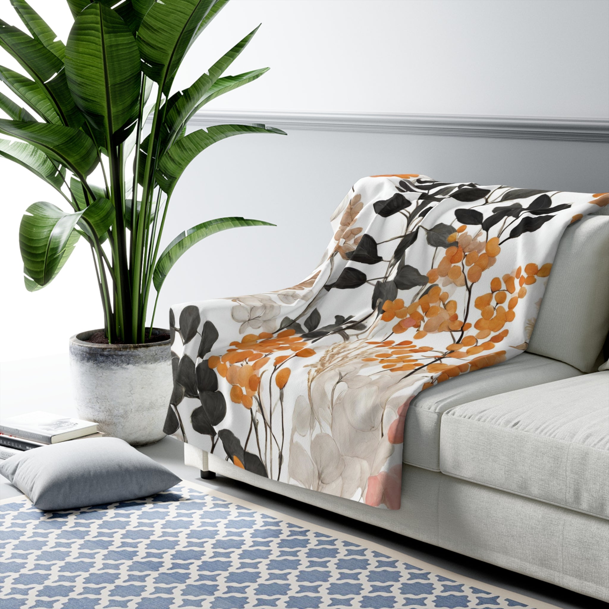Floral Throw Blanket | Orange White, Dark Grey Wildflowers