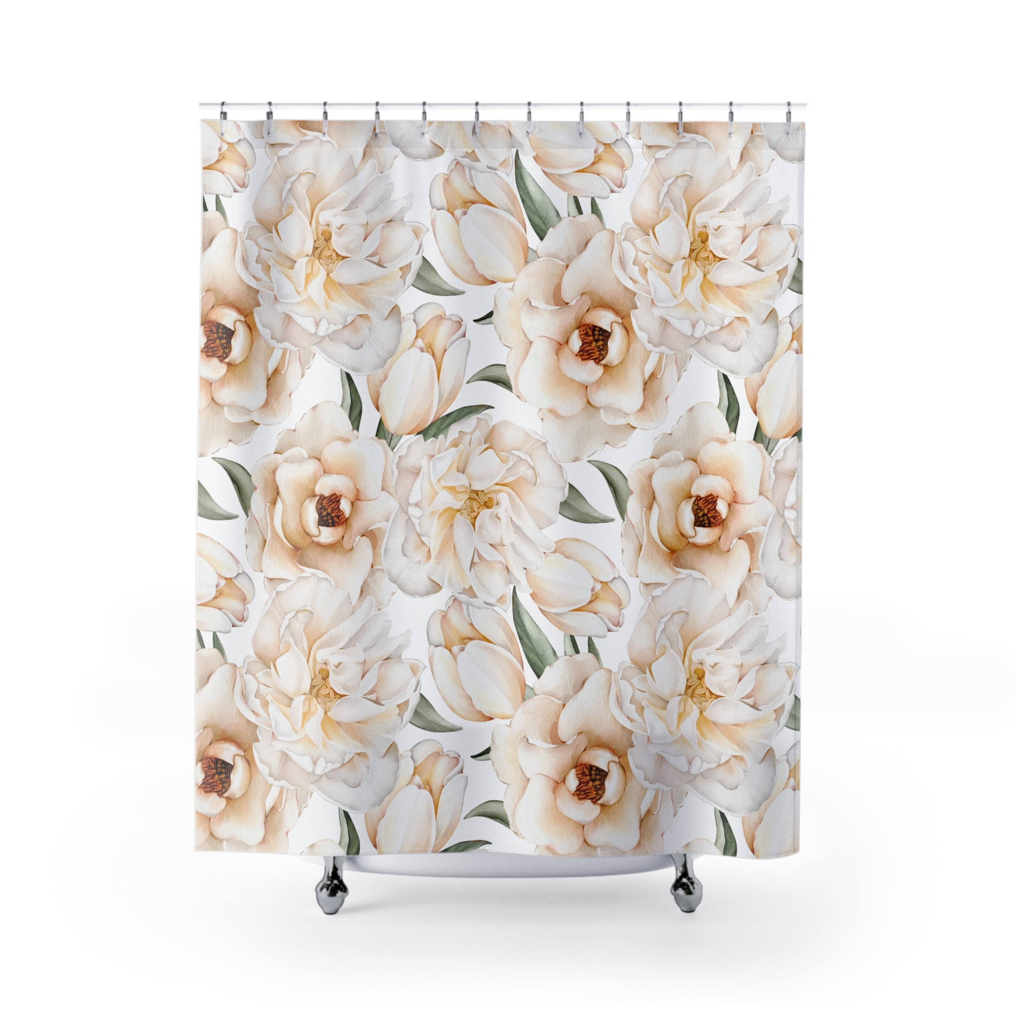 Cream Peony Vintage Floral Shower Curtain | Neutral Botanical Farmhouse Bathroom Decor