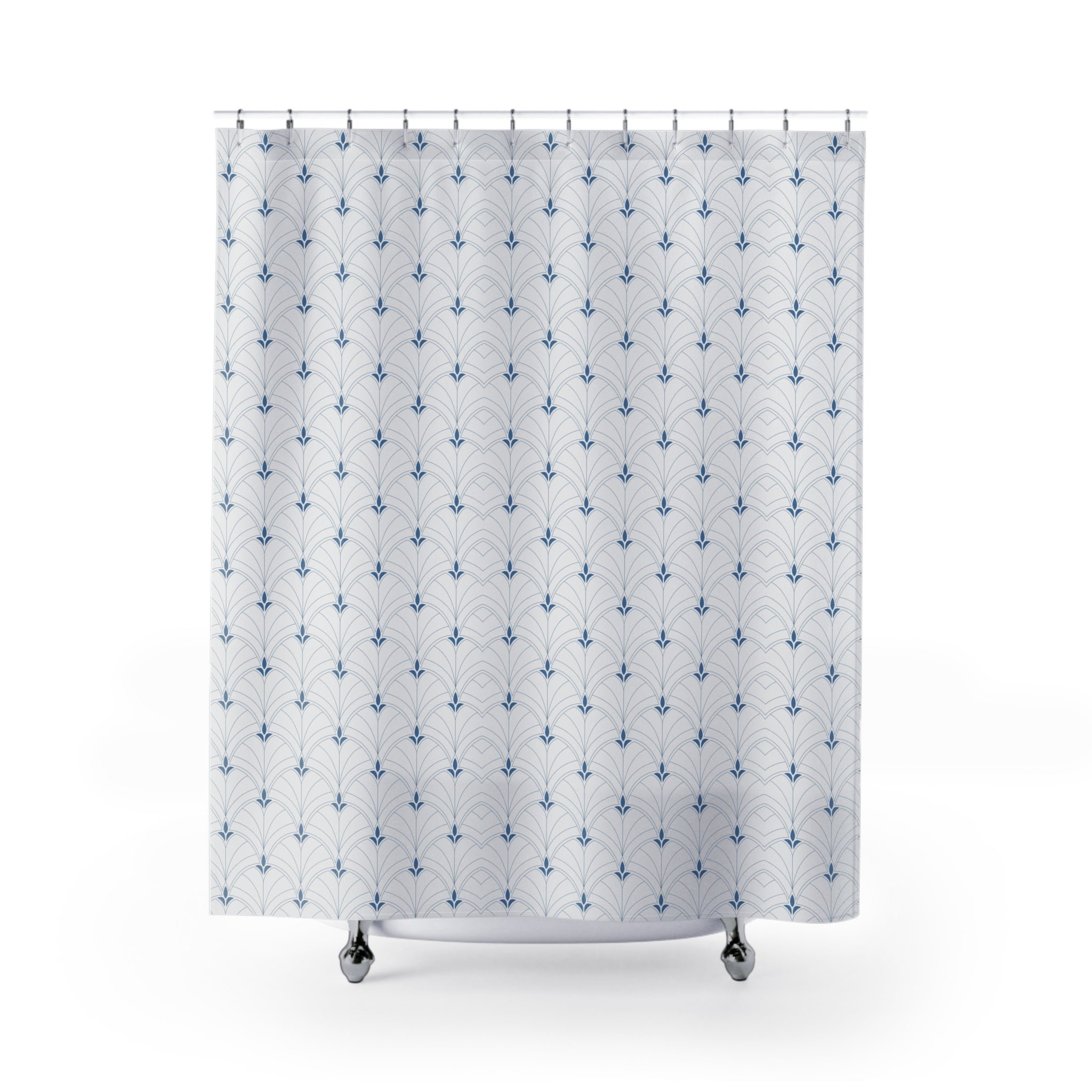 Boho Shower Curtain | Retro White Blue Art Deco, Nouveau