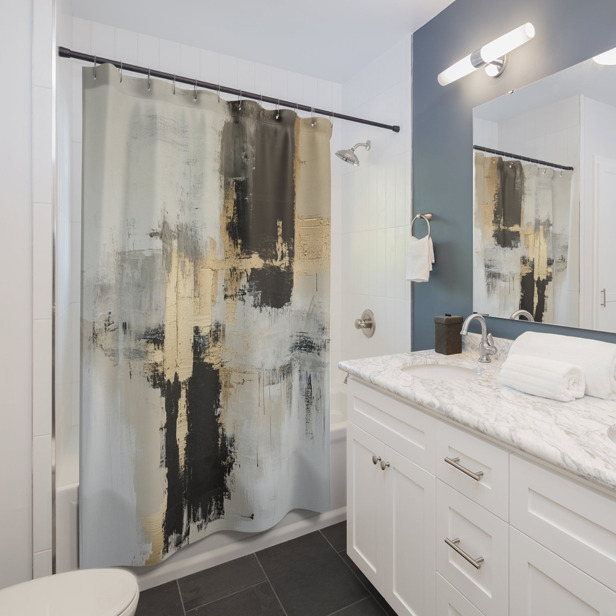 Abstract Shower Curtain | Black Grey Beige White