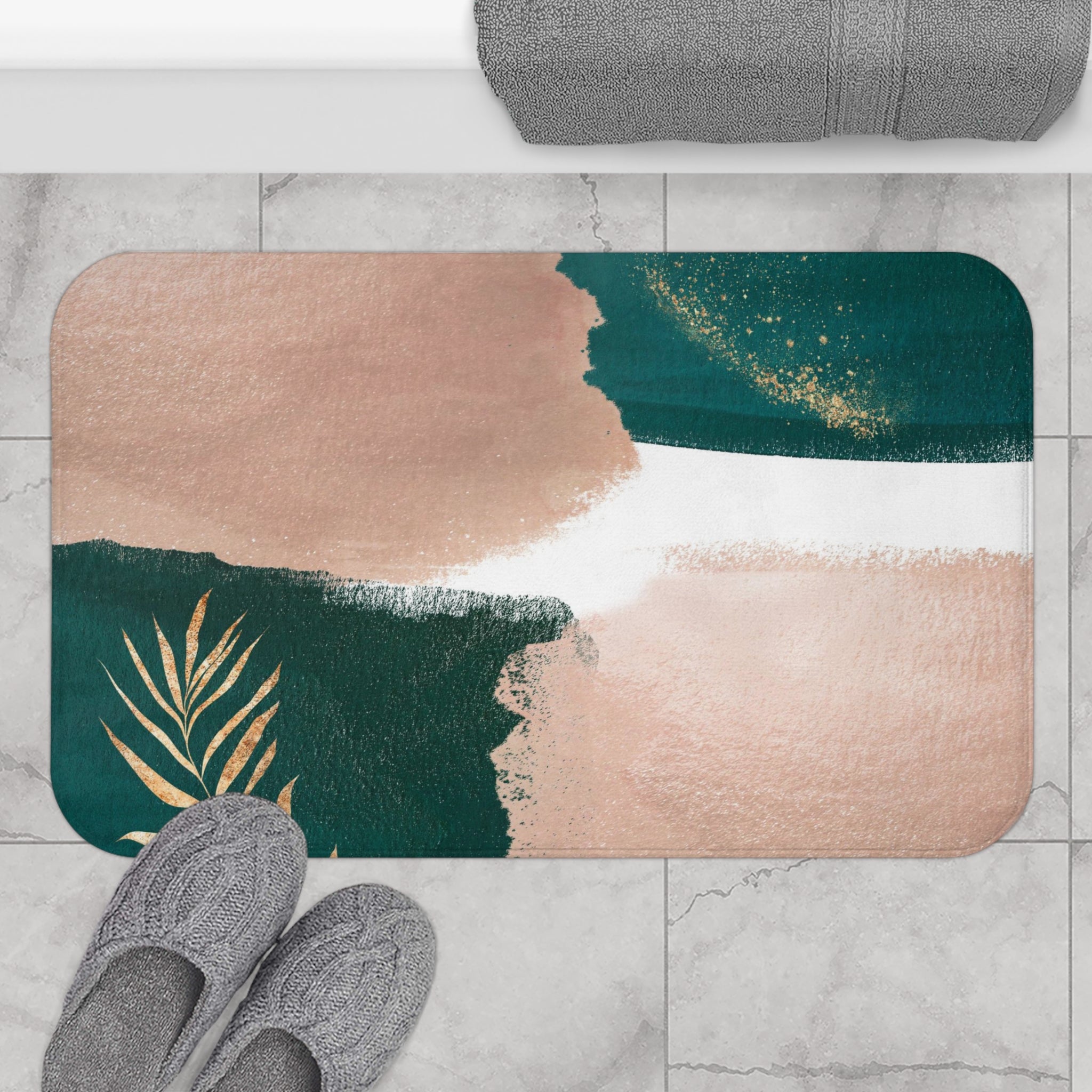 Emerald green, beige and gold floral boho abstract bath mat styled by a bathtub