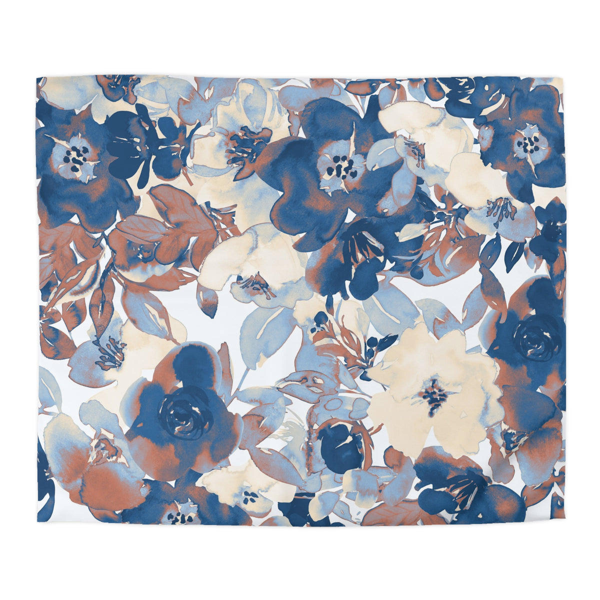 The image is a vibrant and colorful floral print, featuring a variety of flowers in shades of blue, white, and brown. The flowers are arranged in a visually appealing manner, creating a lively and dynamic composition.