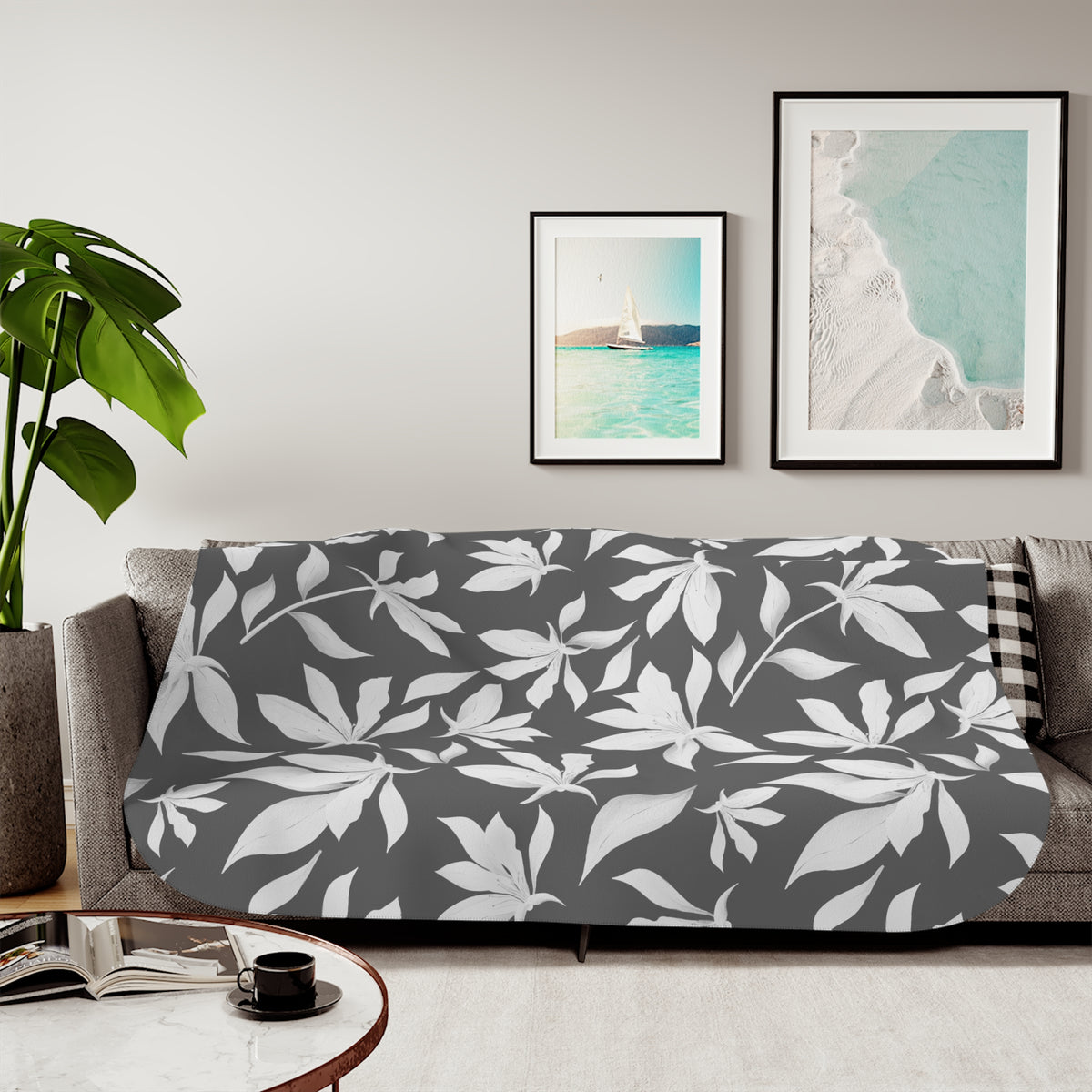 Charcoal Gray White Lily Sherpa Blanket | Modern Floral Throw