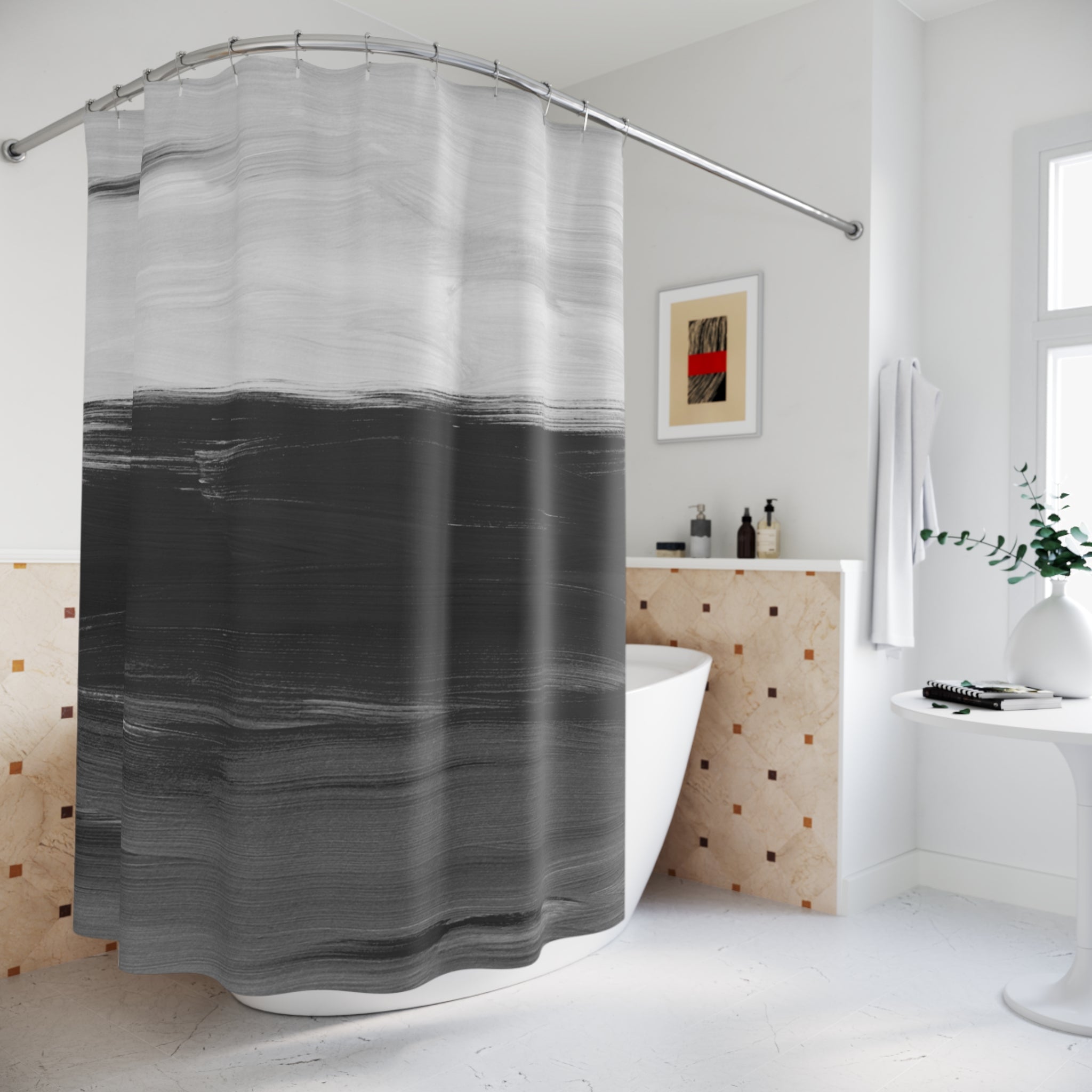 Abstract Shower Curtain | Grey Black Ombre Fabric Curtain