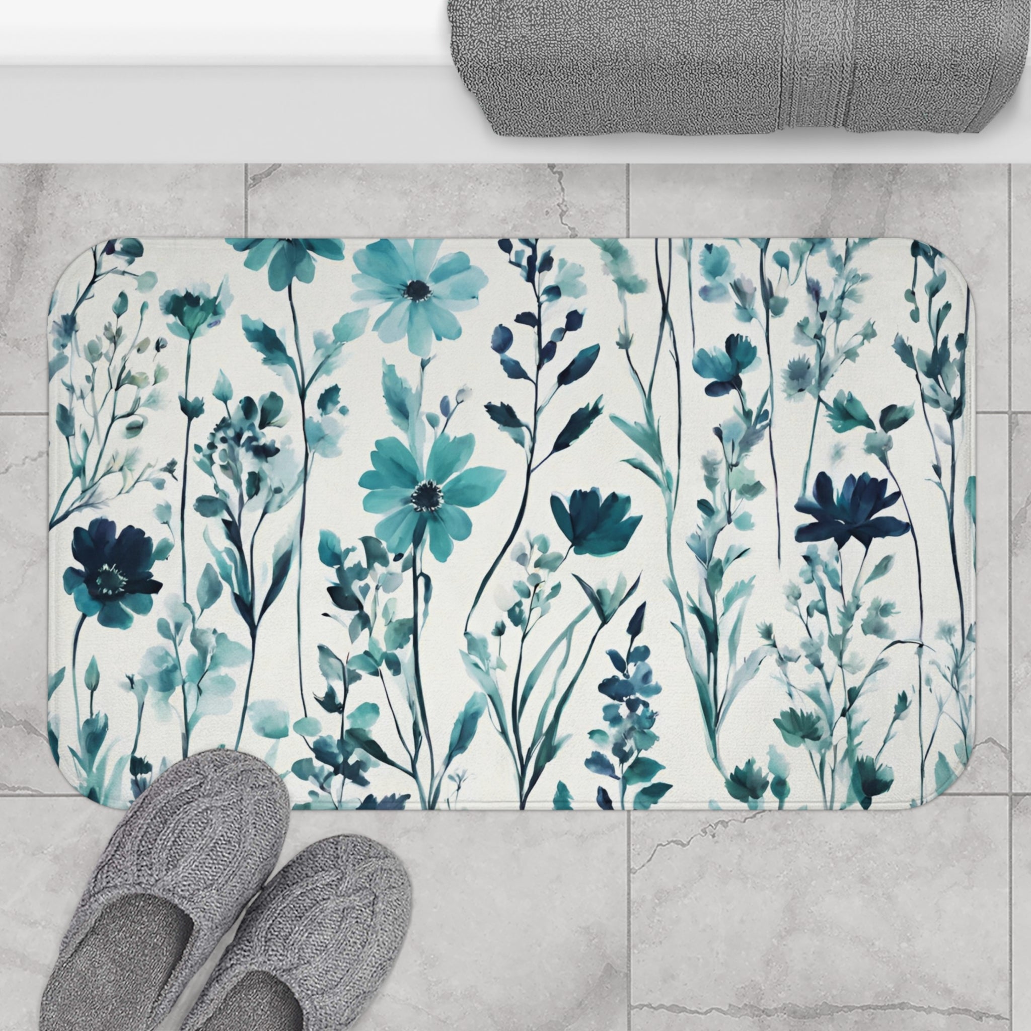 Floral Bath Mat, Kitchen Mat | Teal Green, Blue Wildflowers