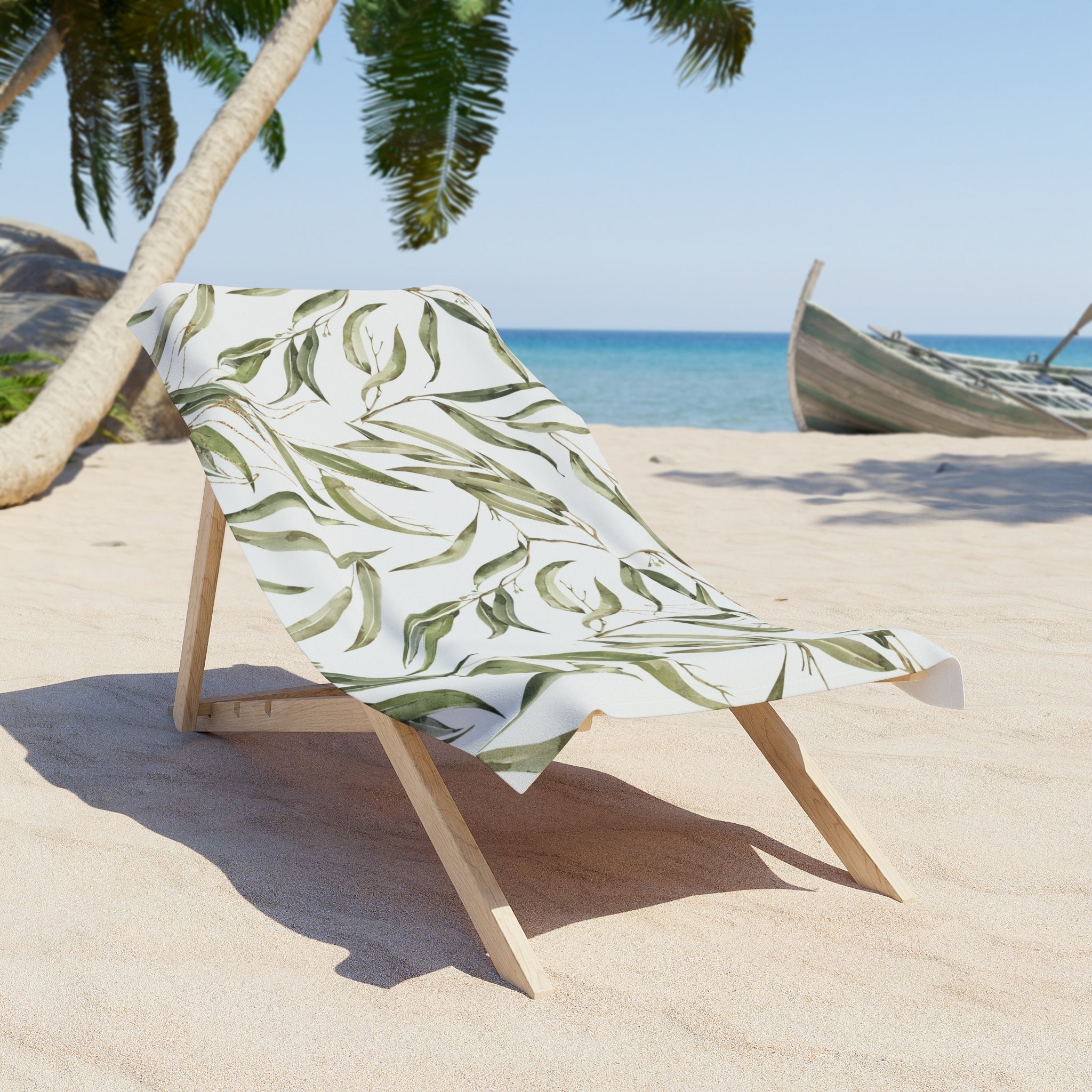 Bath Beach Towel | Boho Floral, Amalfi Olive Leaves, Green White