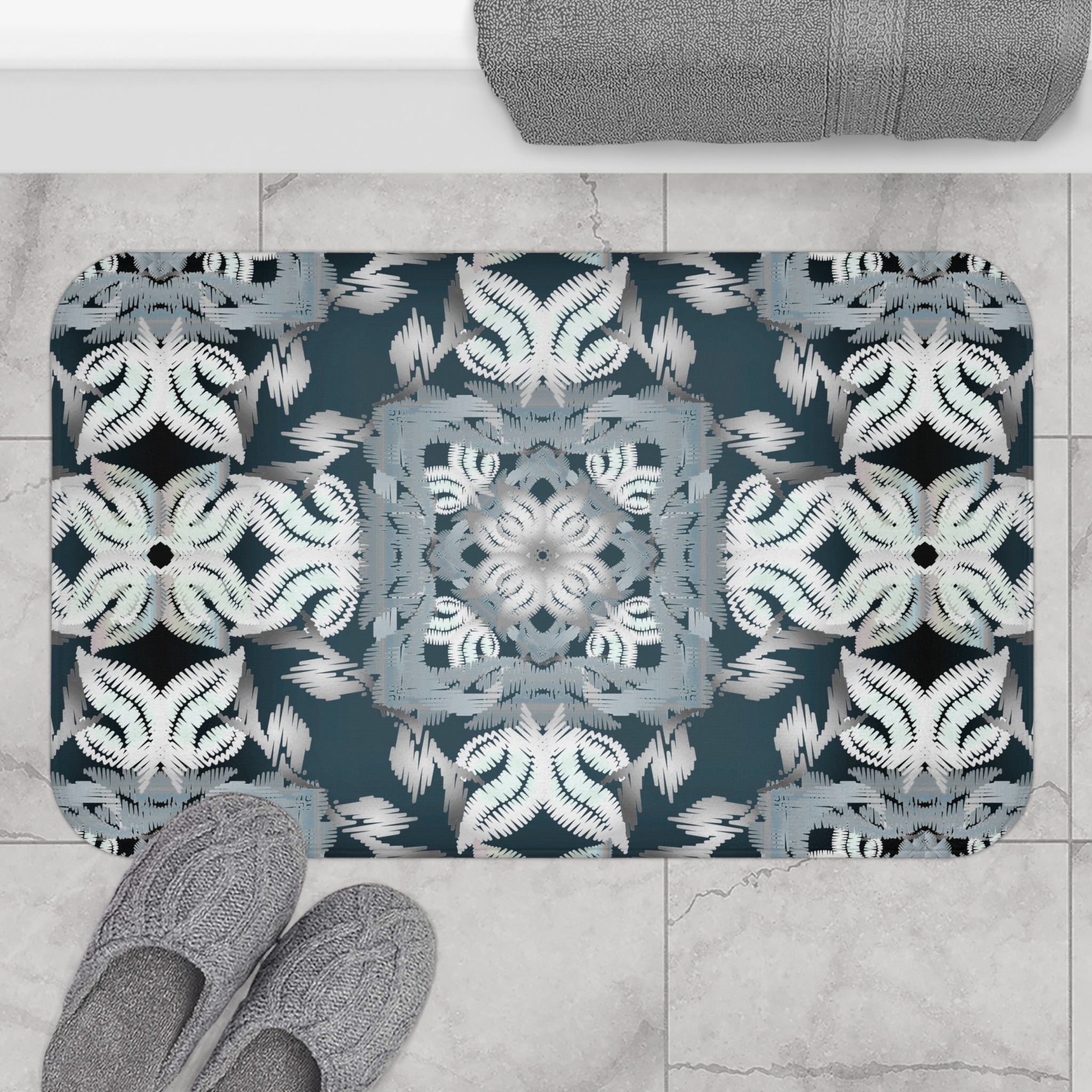 Geometric Moroccan Bath Mat | Grey Blue White Kitchen Mat