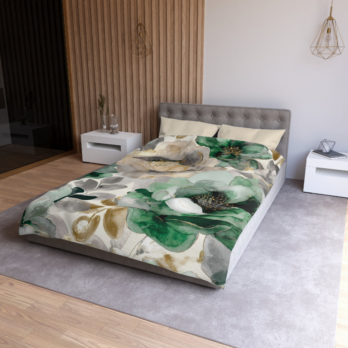 a modern bedroom with a large bed covered in a green and white floral print duvet cover. The bed is positioned against a wall with a wooden panel design. The room also includes a nightstand on the left side and a lamp on the right side.