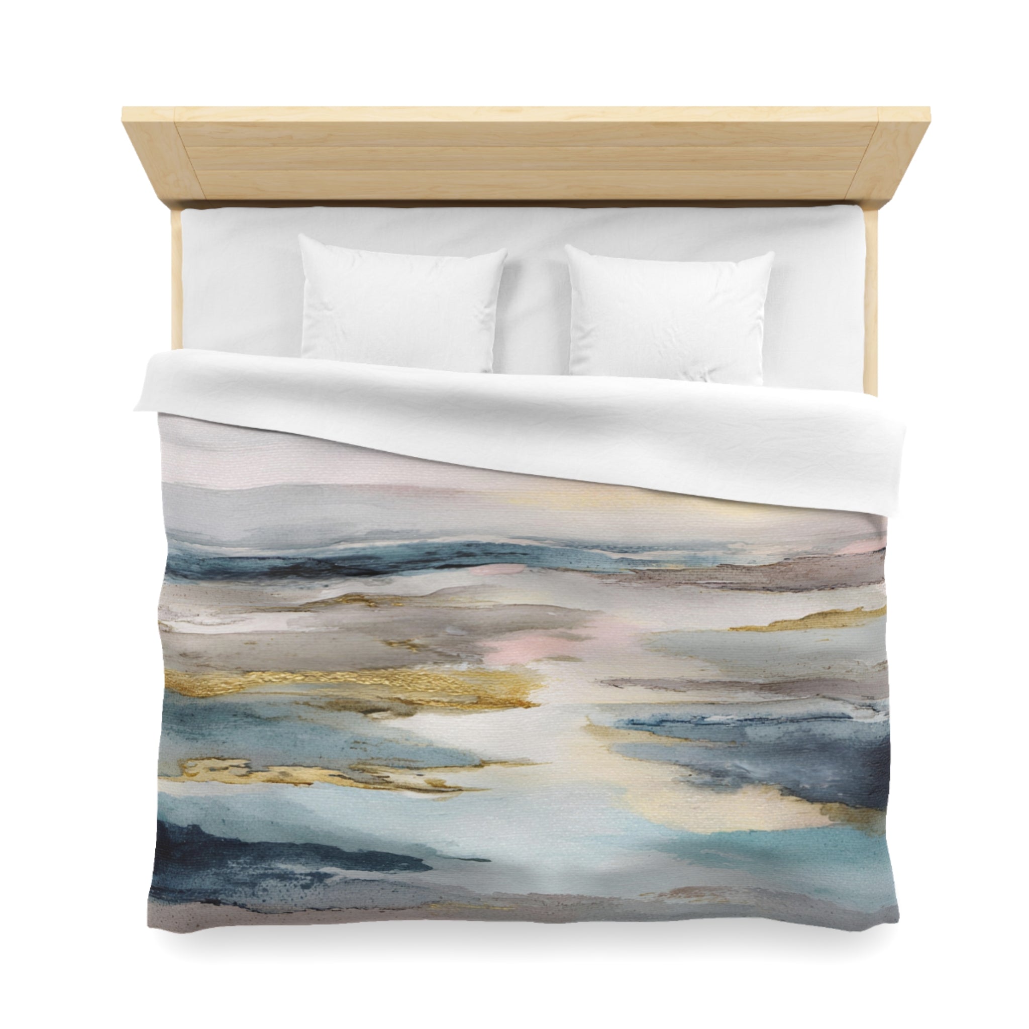 a bed with a white comforter and pillows, featuring a colorful abstract painting or artwork depicting a seascape or ocean scene.