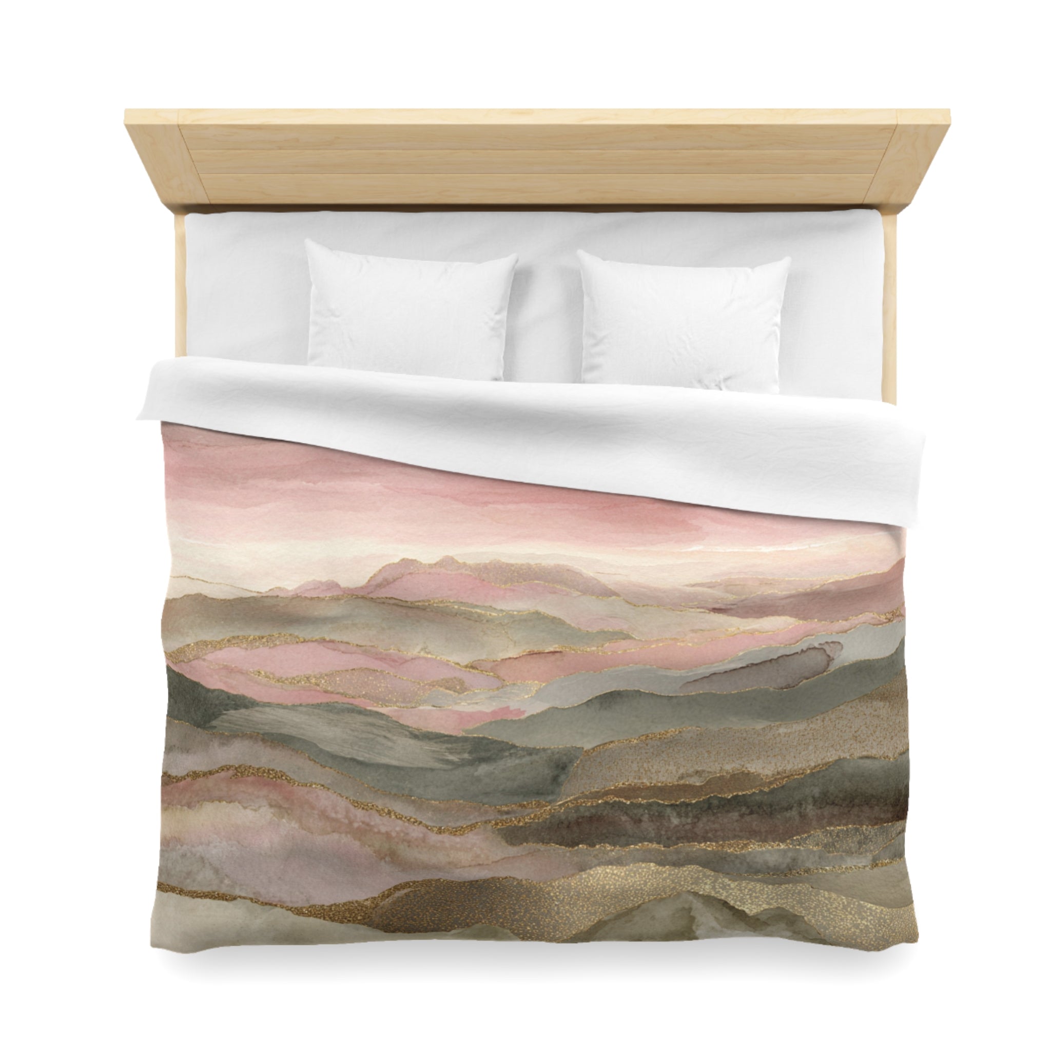 a bed with a white comforter and pillows, featuring a colorful abstract painting or print depicting a landscape with hills and mountains in shades of pink, green, and gray.