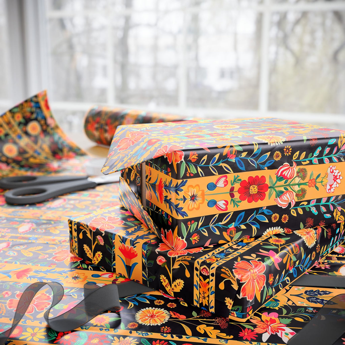 Black Mustard Folk Floral Stripe Wrapping Paper, Gift Wrap