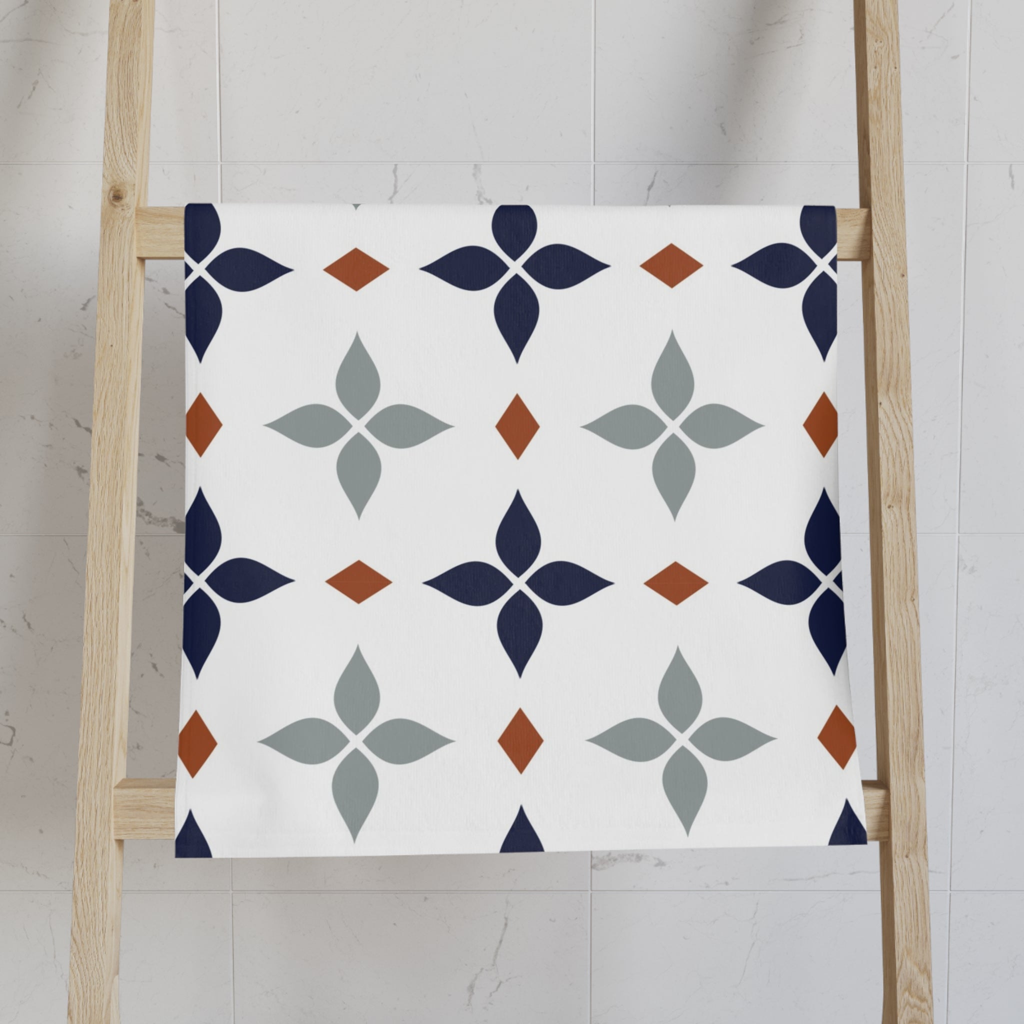 Retro Kitchen, Bath Hand Towel | Vintage Art Deco, Nouveau White, Navy Blue, Grey