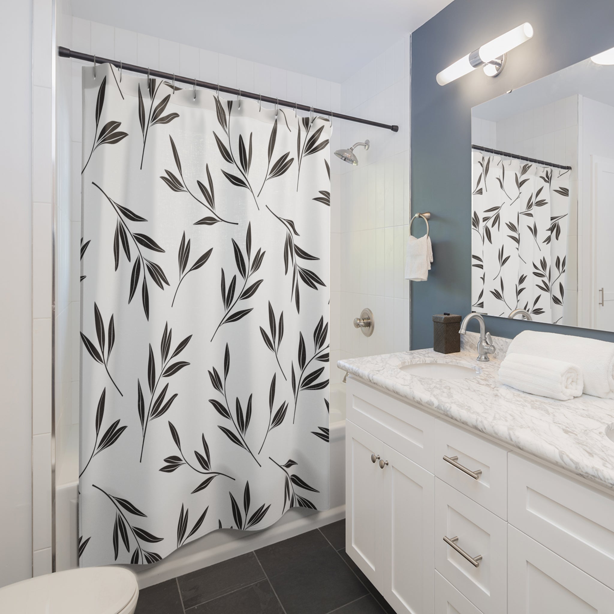 Black and White Botanical Shower Curtain, Flowy Polyester Bath Curtain 71x74