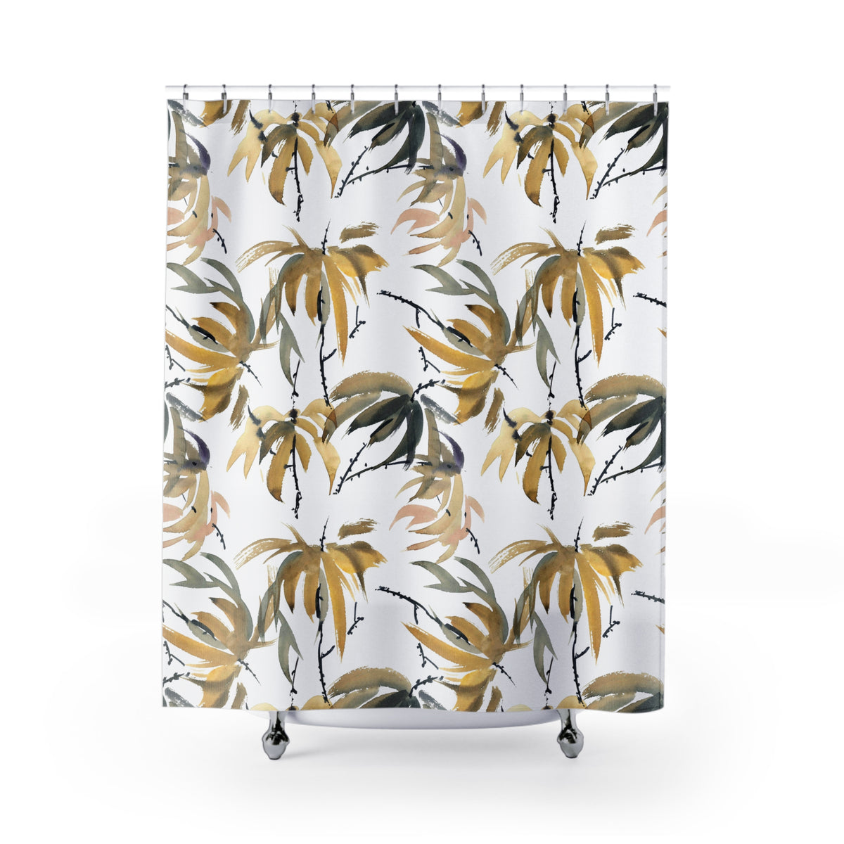 a shower curtain with a repeating pattern of yellow and green leaves and branches.