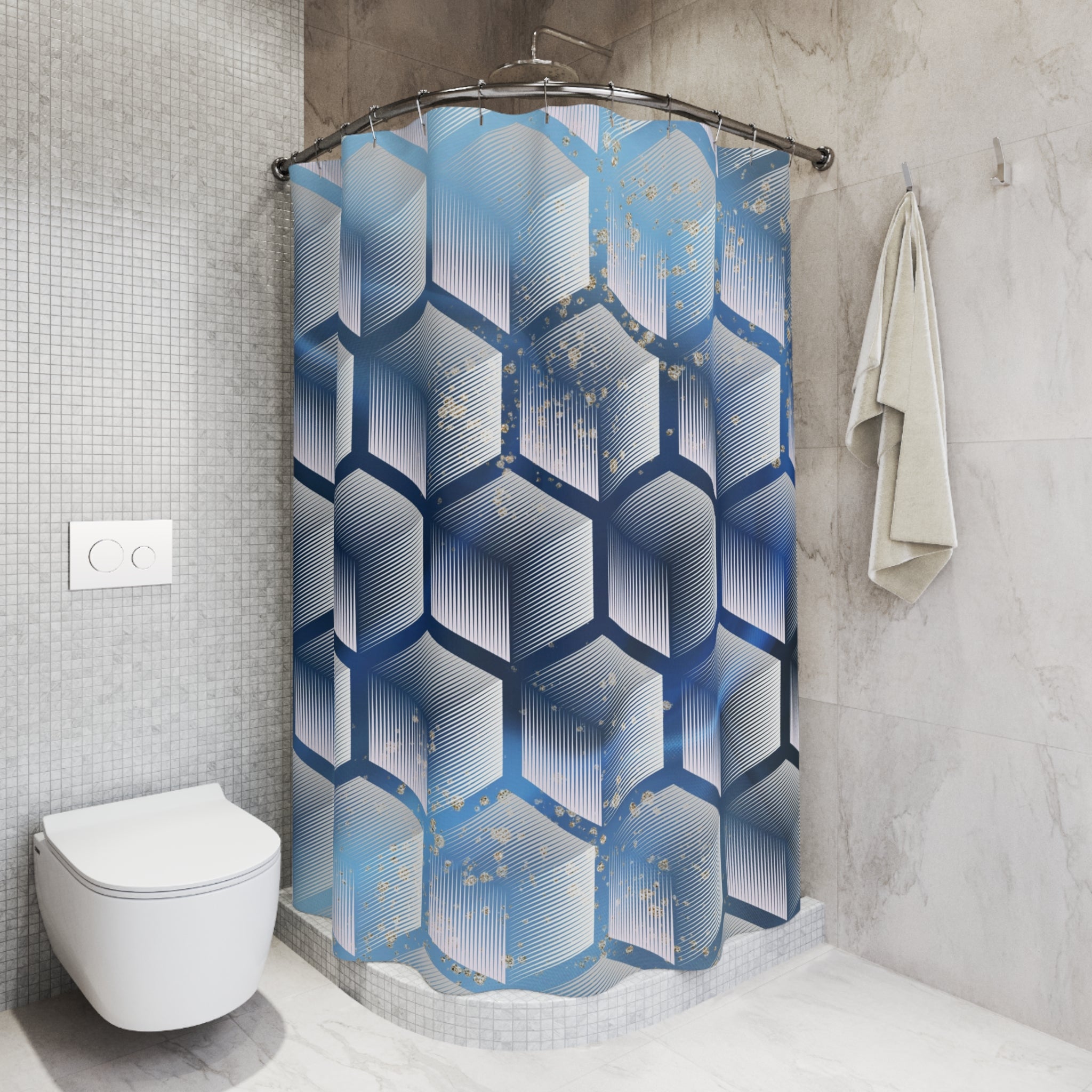 Sapphire blue and white geometric hexagon shower curtain styled in a modern bathroom