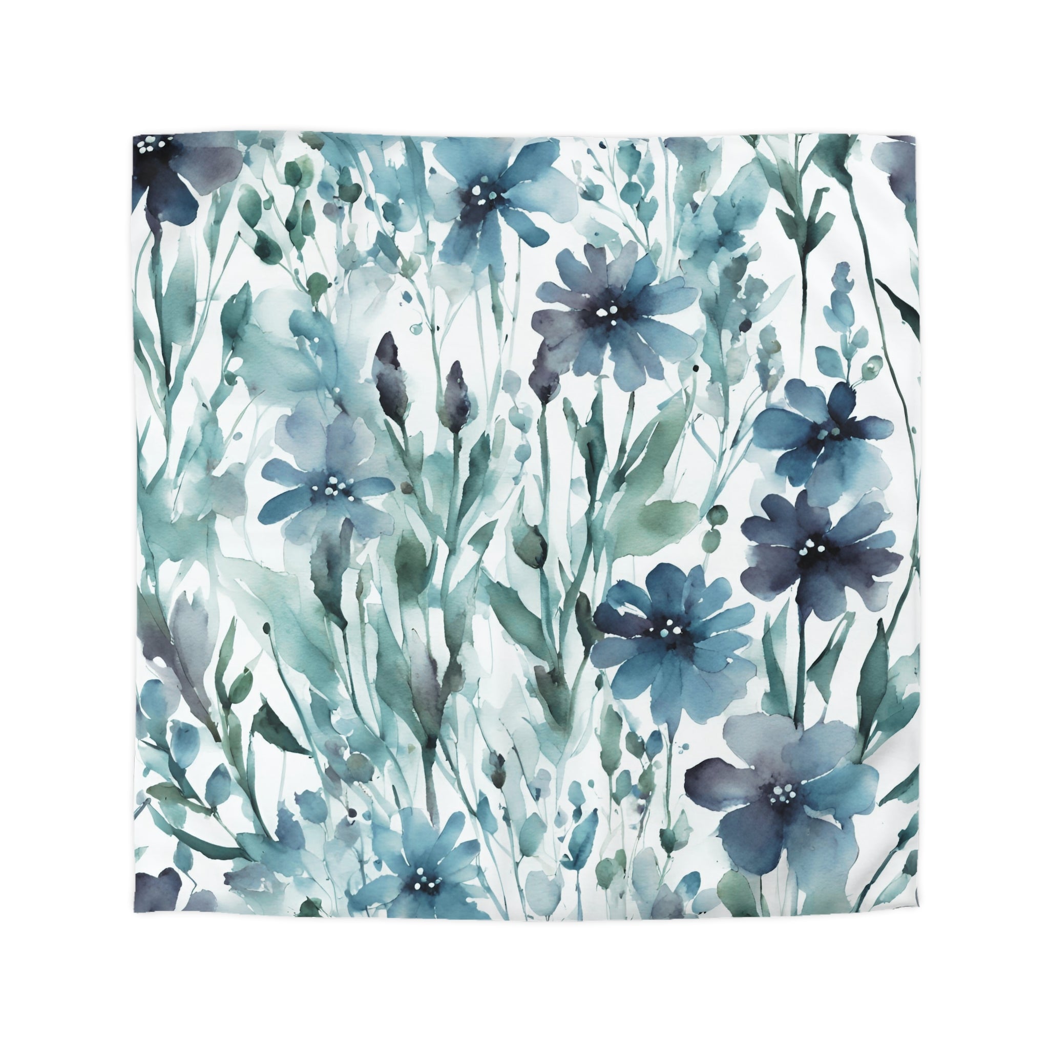 Blue, green and white wildflower floral duvet cover, close-up of the pattern detail