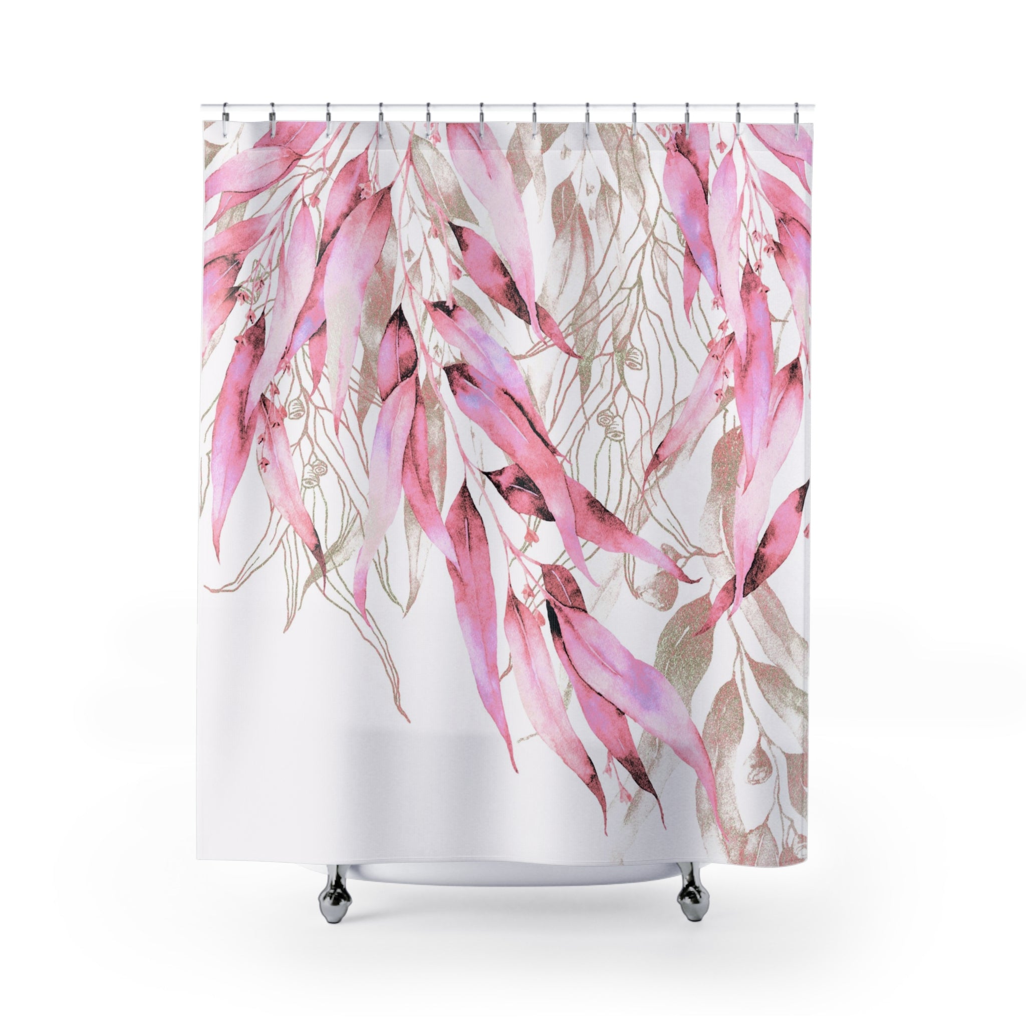 Boho Shower Curtain | Pink Floral Leaves Watercolor Fabric Curtain