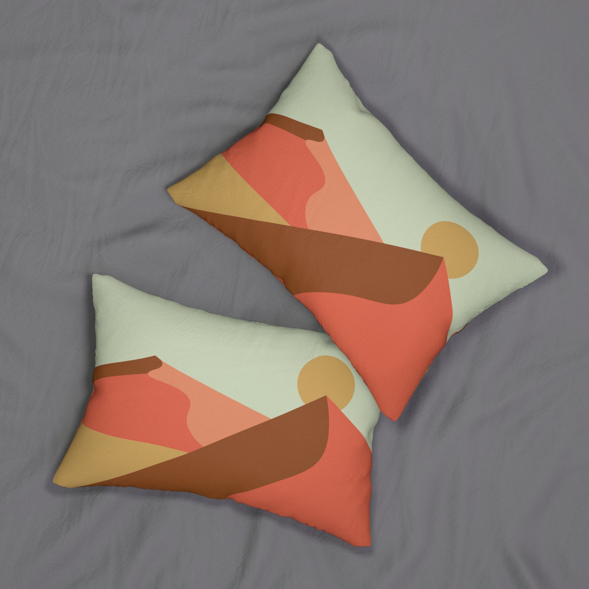 Abstract Lumbar Pillow | Mint Green, Red Brown Sun