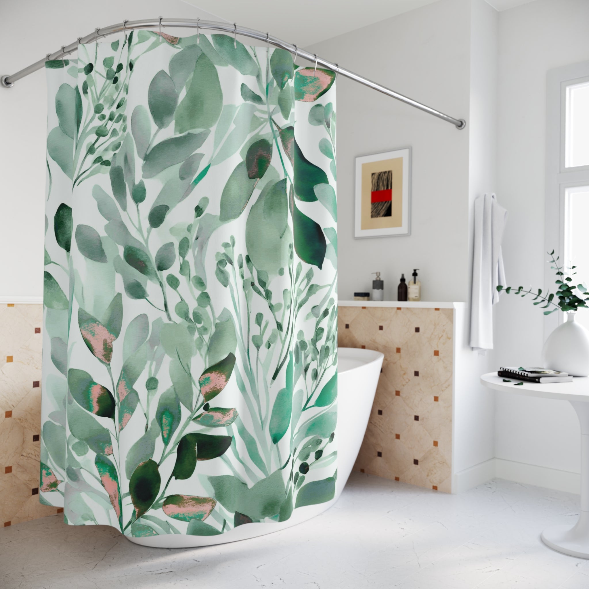 Boho Floral Shower Curtain | Green Abstract Botanical Watercolor