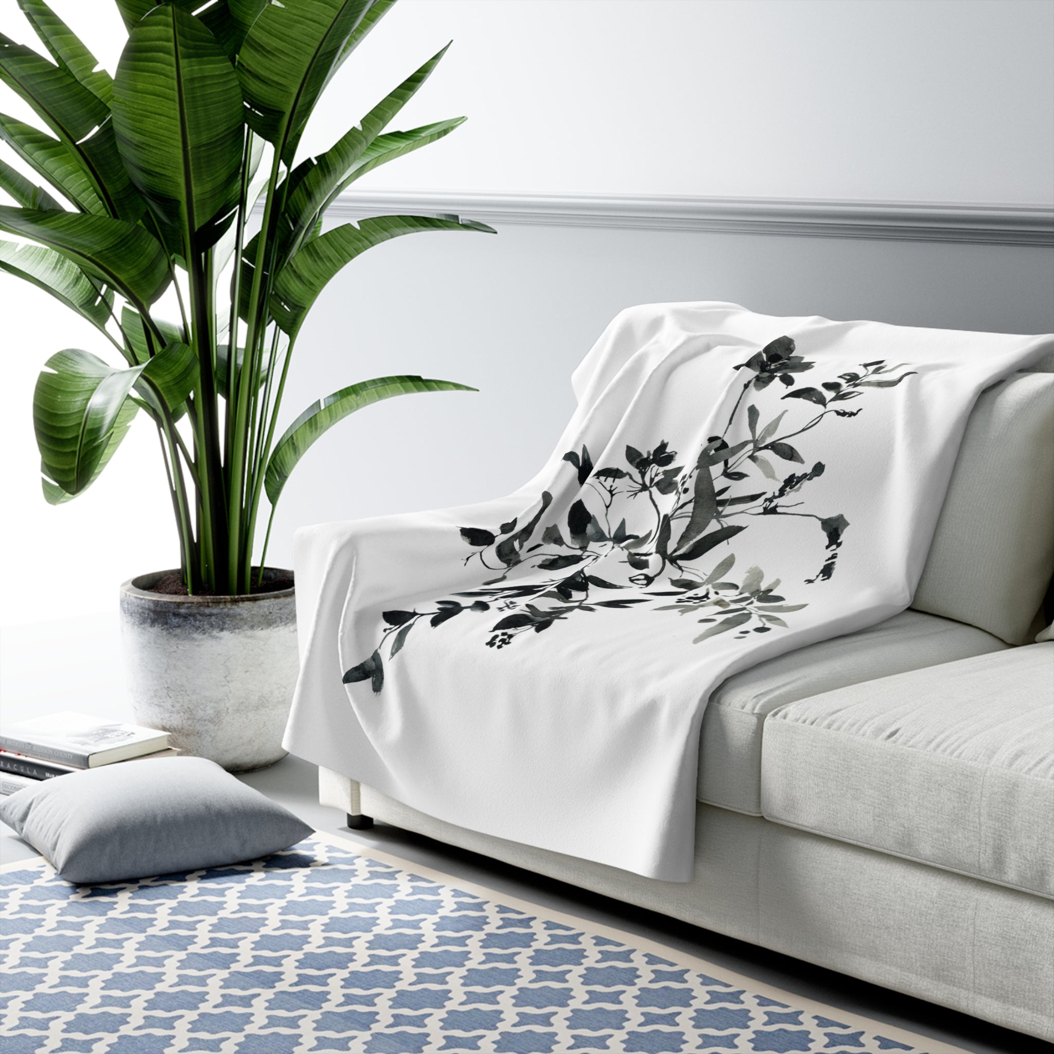 Black and White Floral Throw Blanket | Wildflowers Leaves, Watercolor