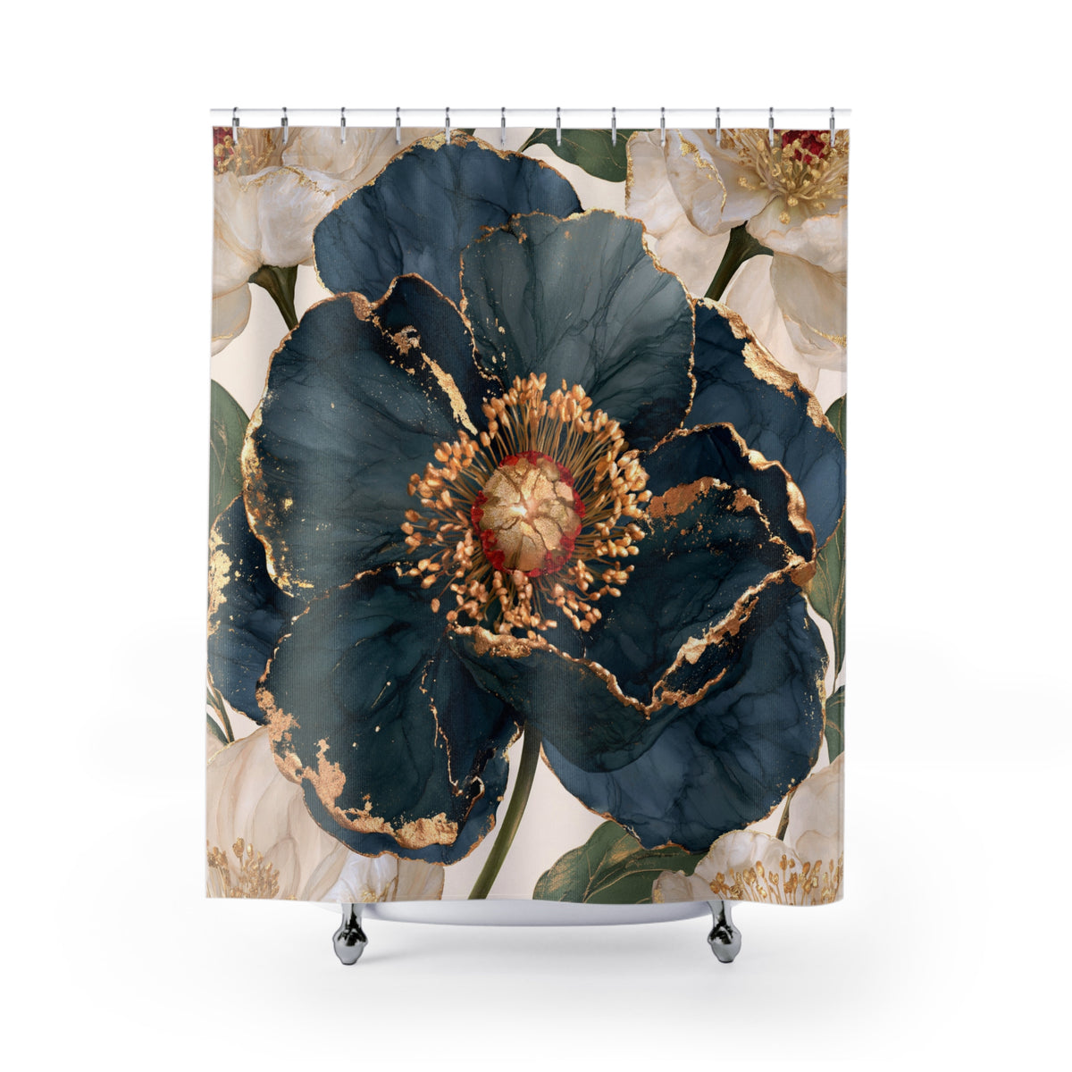 Navy Ivory Anemone Floral Shower Curtain, Bath Curtain 71x74