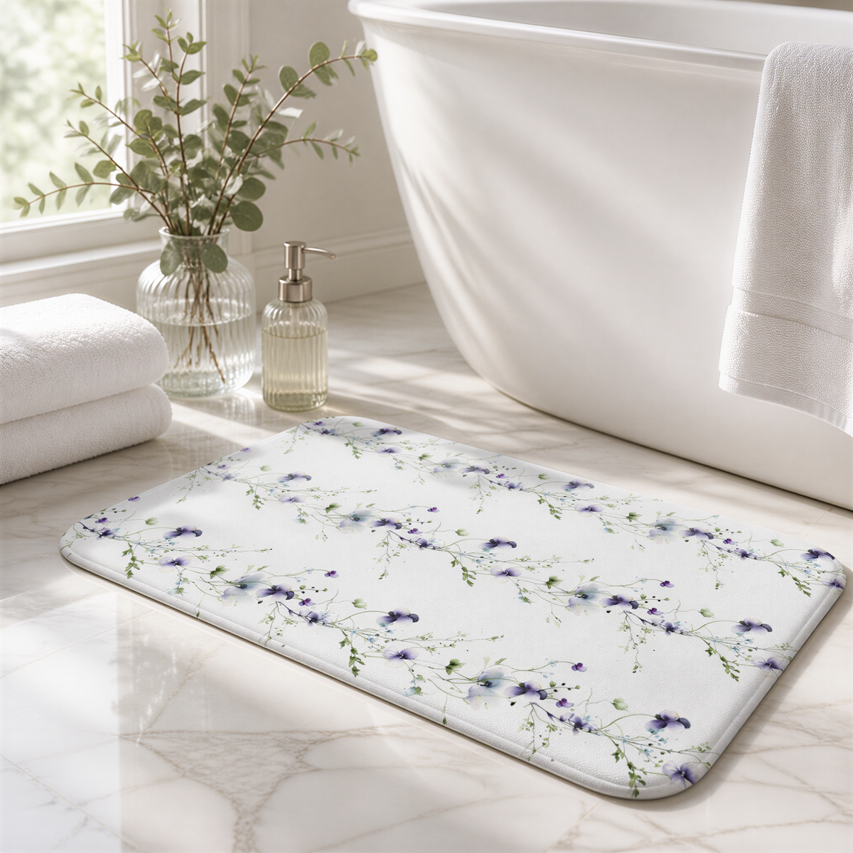 a bathroom with a floral patterned bath mat, a white bathtub, and a vase of greenery on the windowsill.