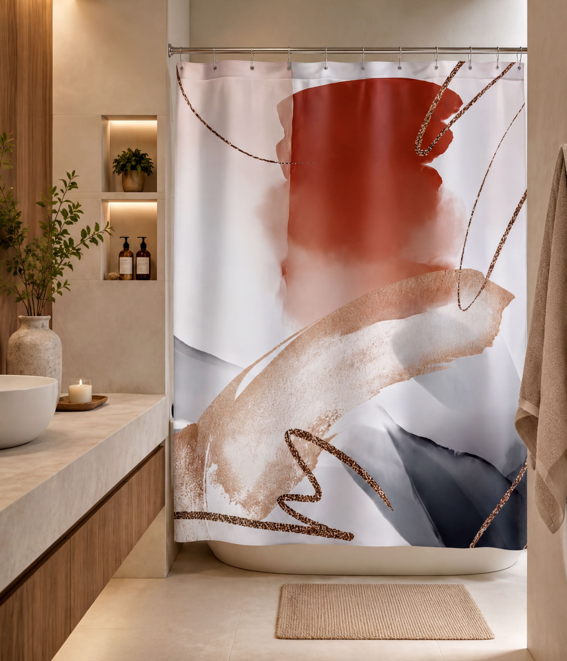 a modern bathroom with a shower curtain featuring abstract art in shades of red, white, and gray. The bathroom has a wooden vanity and a white sink, creating a clean and minimalist aesthetic.