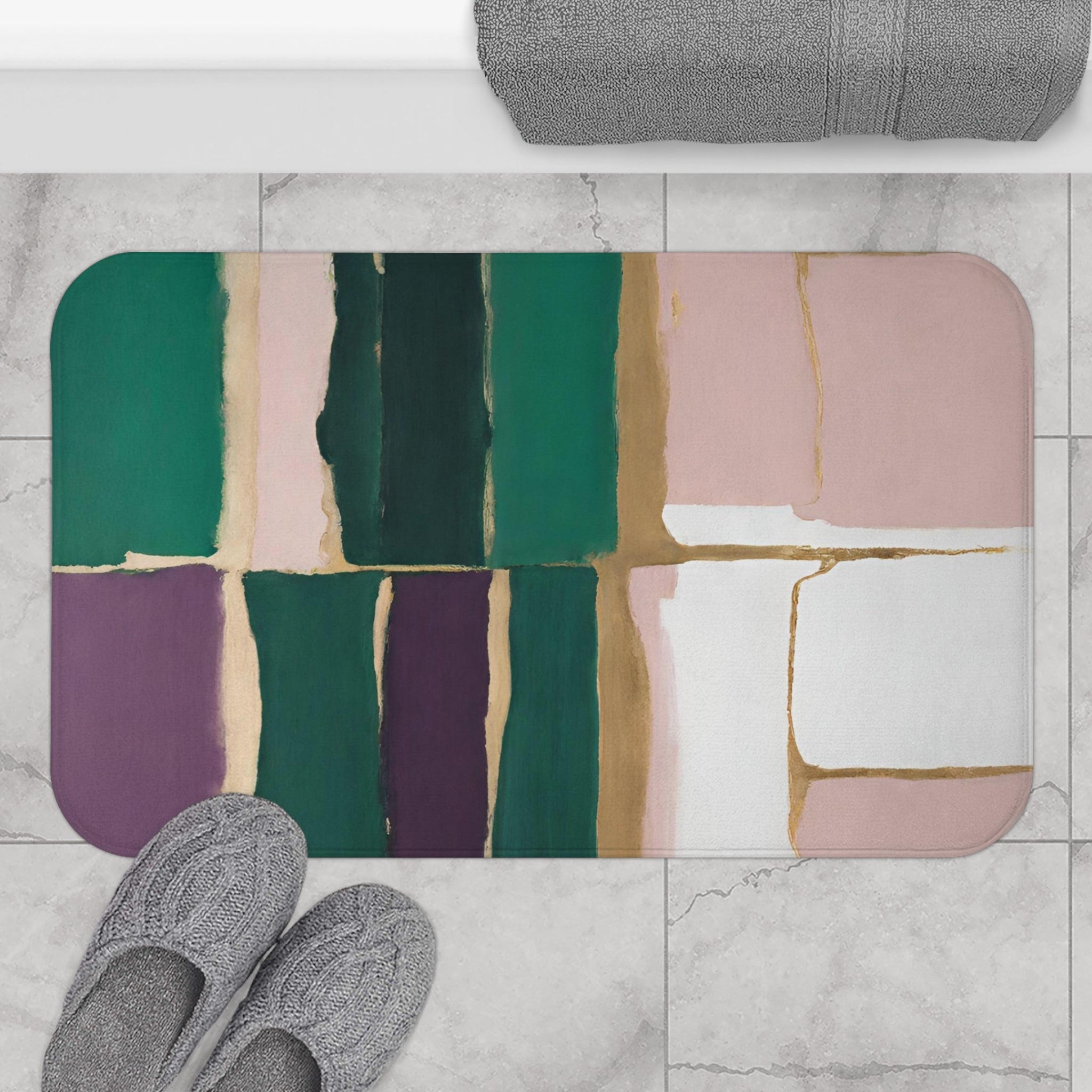 Boho Abstract Bath Mat | Green Purple Gold Beige, Pink White Kitchen Mat