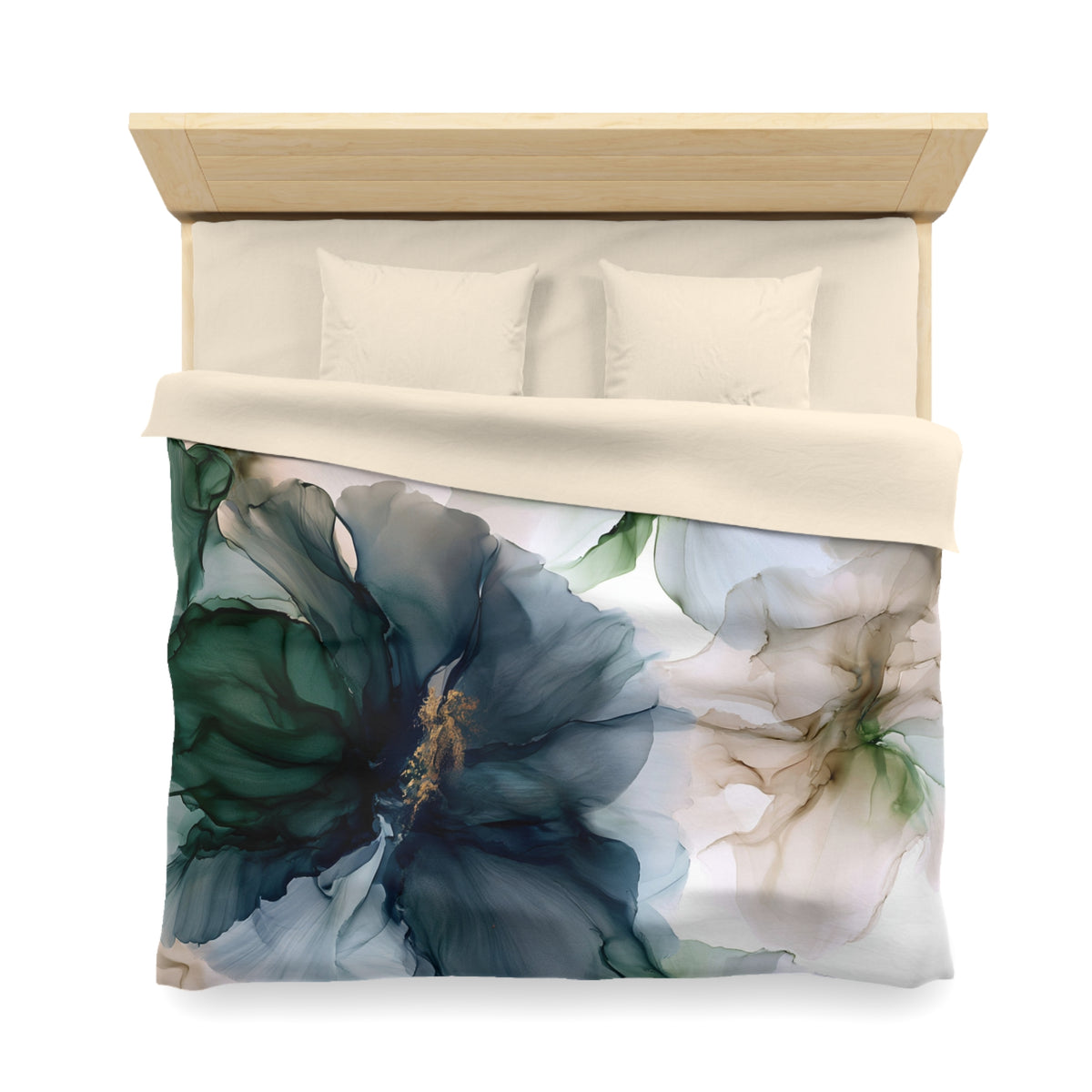 a bed with a white and blue flower on it
