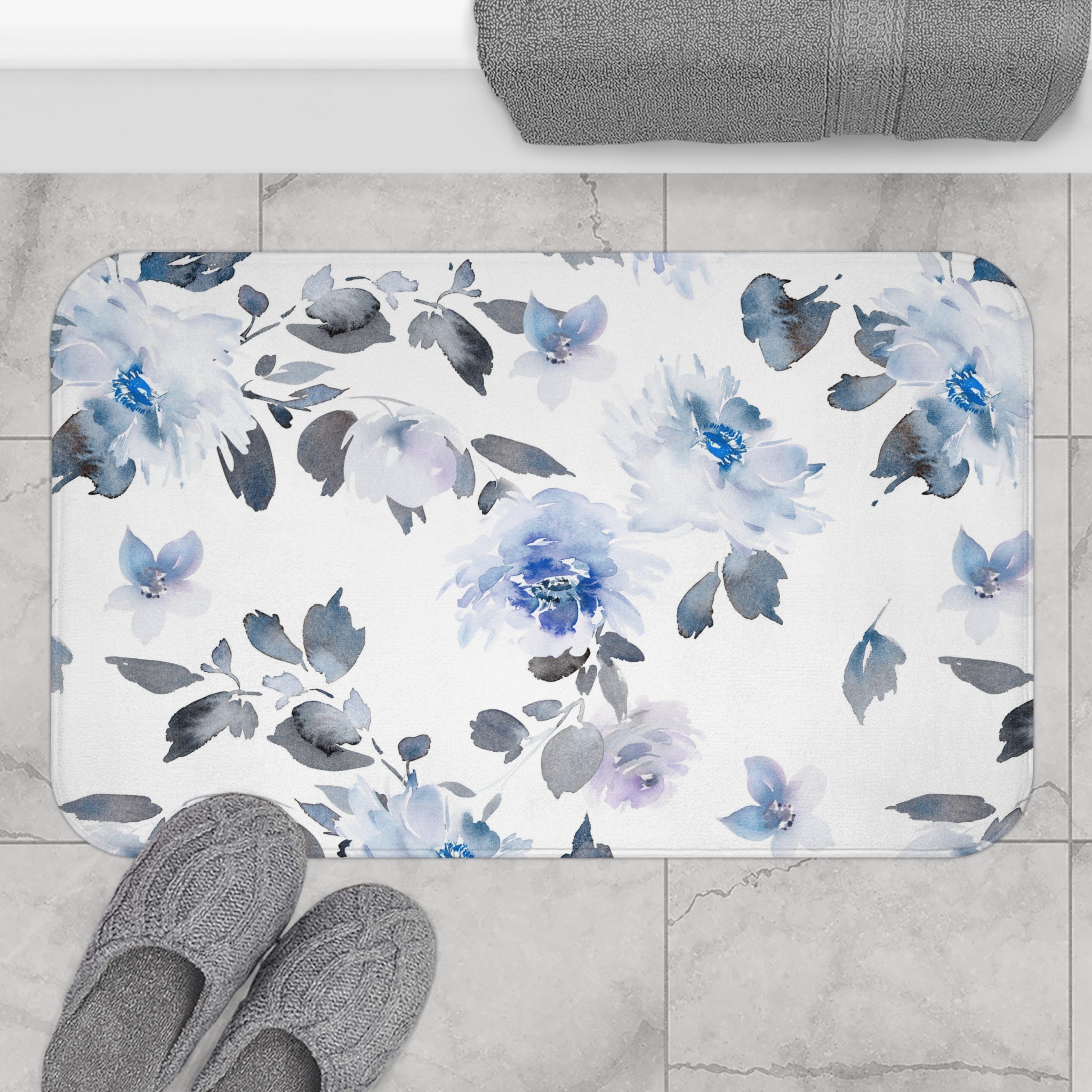 Floral Bath Mat | White Blue Kitchen Mat