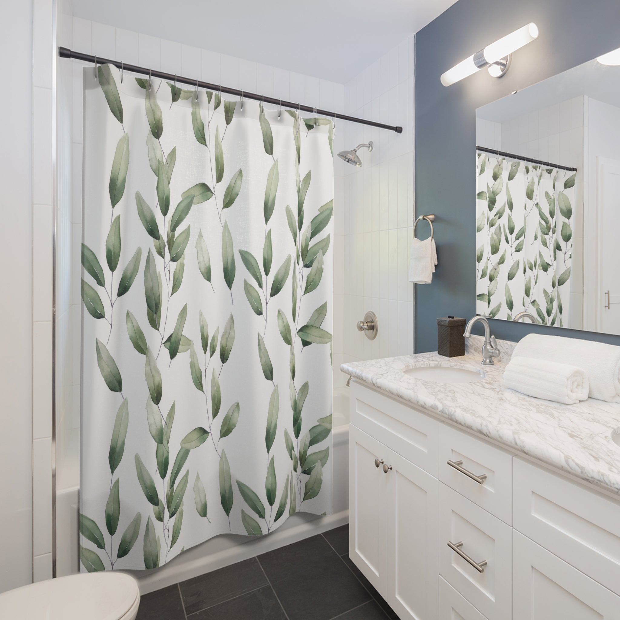 Boho Shower Curtain | Sage Green Leaves, White