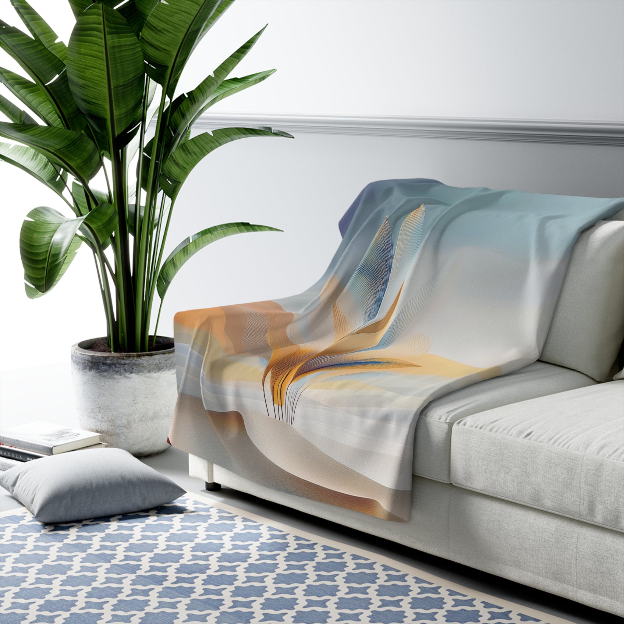 Floral Throw Blanket | Boho Blue Yellow Leaves, Hills