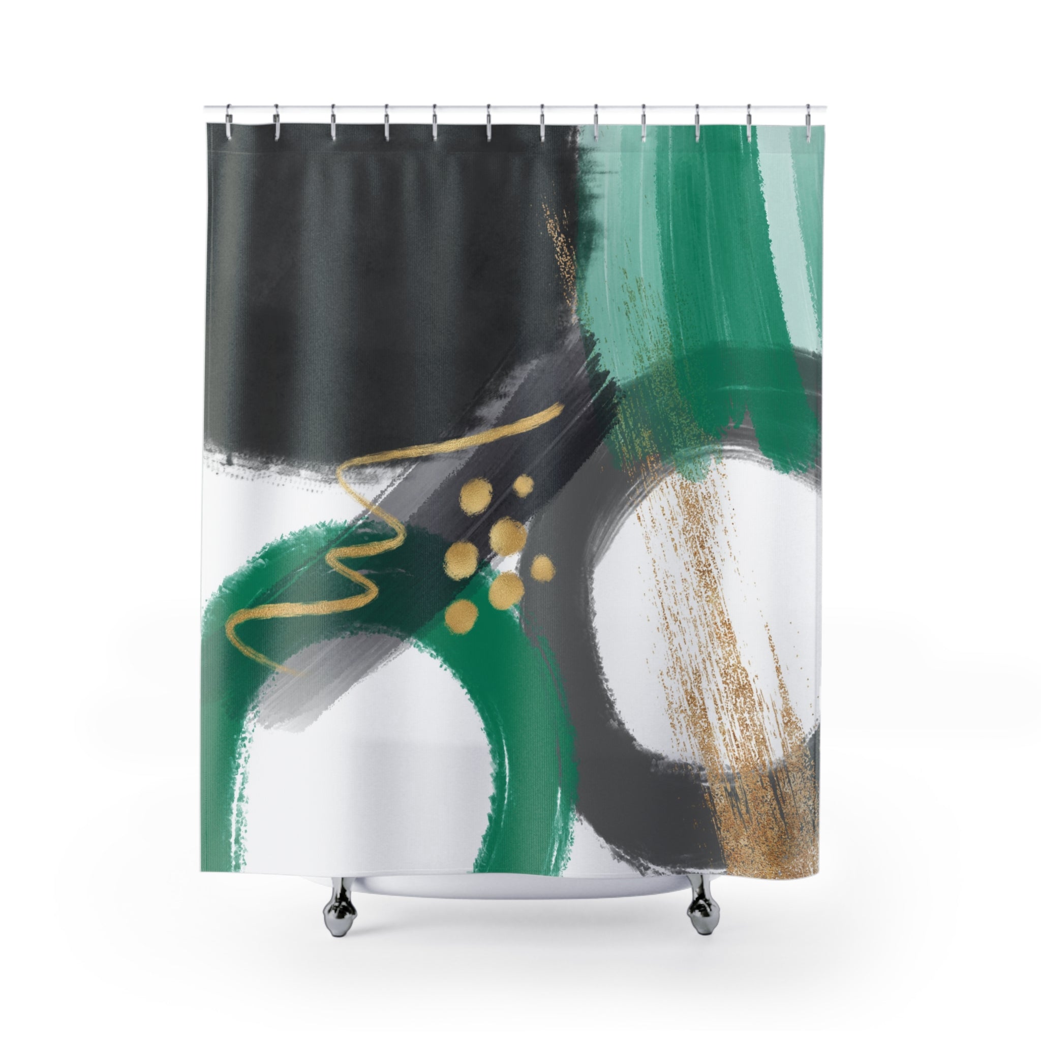 Black White Shower Curtain | Abstract Green Watercolor