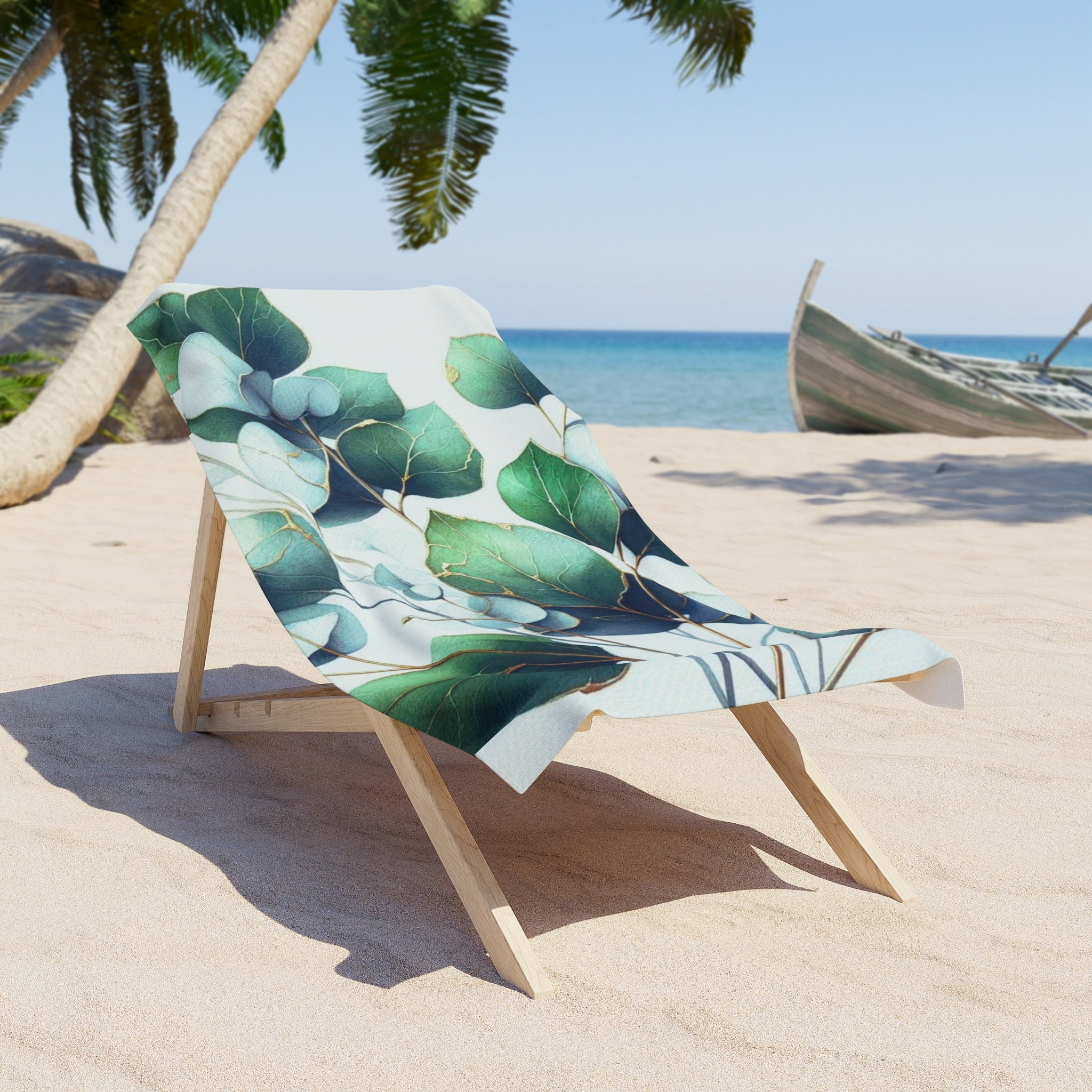 Floral Bath, Beach Towel | Forest Green, Pale Blue Eucalyptus Leaves