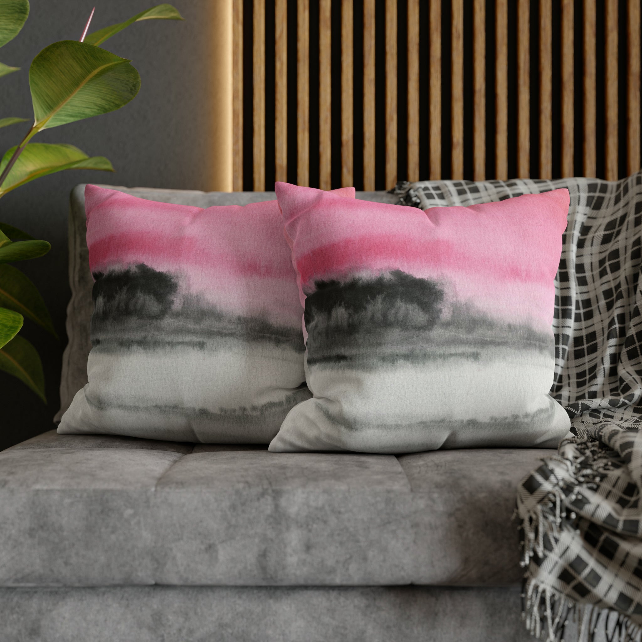 Abstract Pillow Cover | Pink, Gray Black Ombre, Landscape