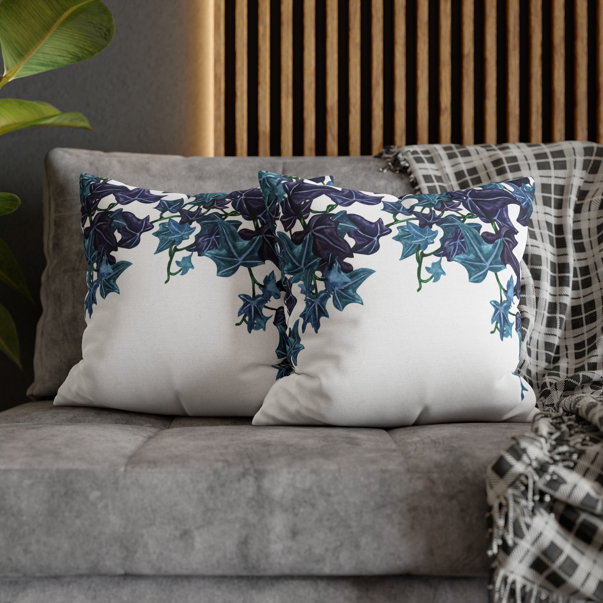 Floral Pillow Cover | White Blue Vine Leaves