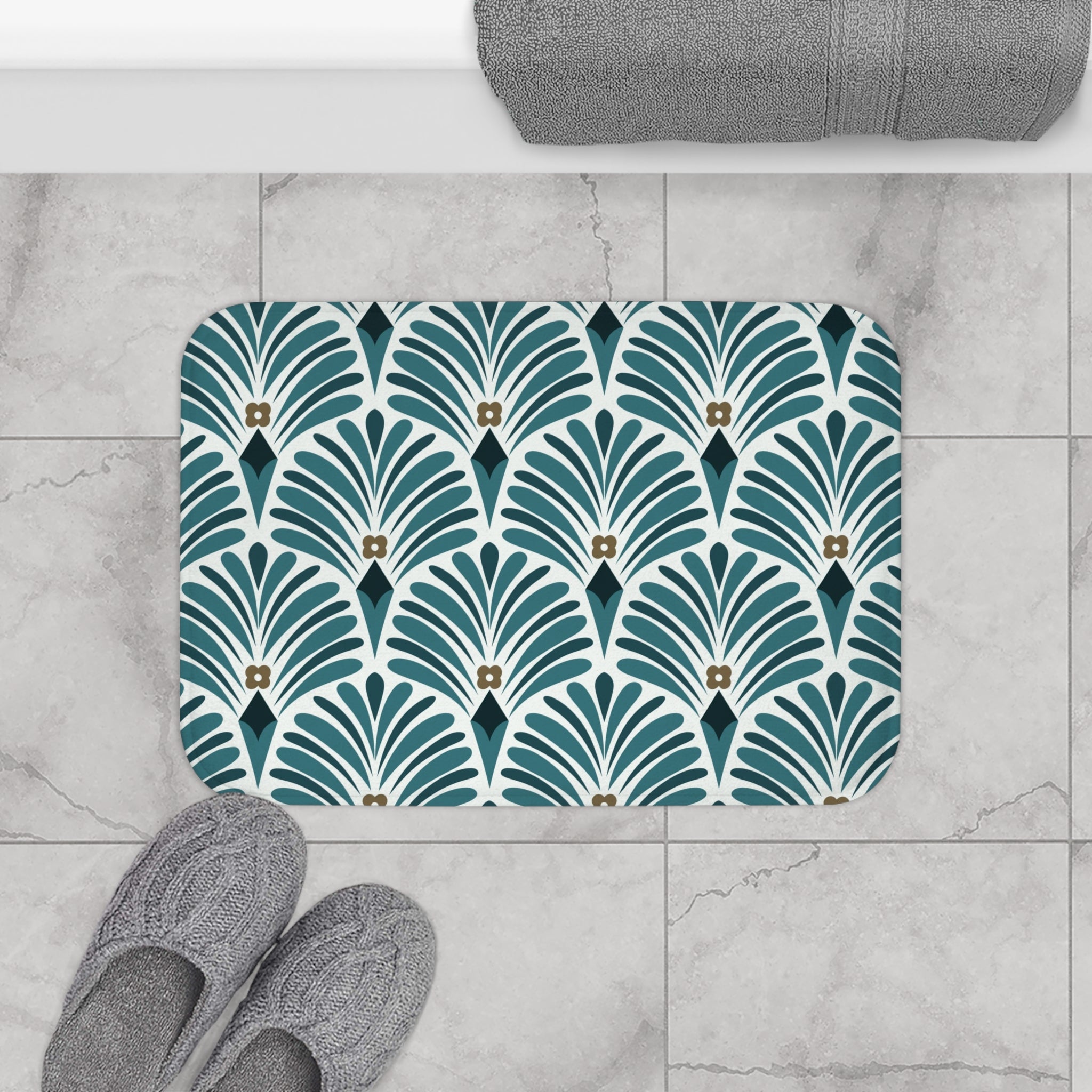 Boho Bath, Kitchen Mat | Art Deco Nouveau Teal Green