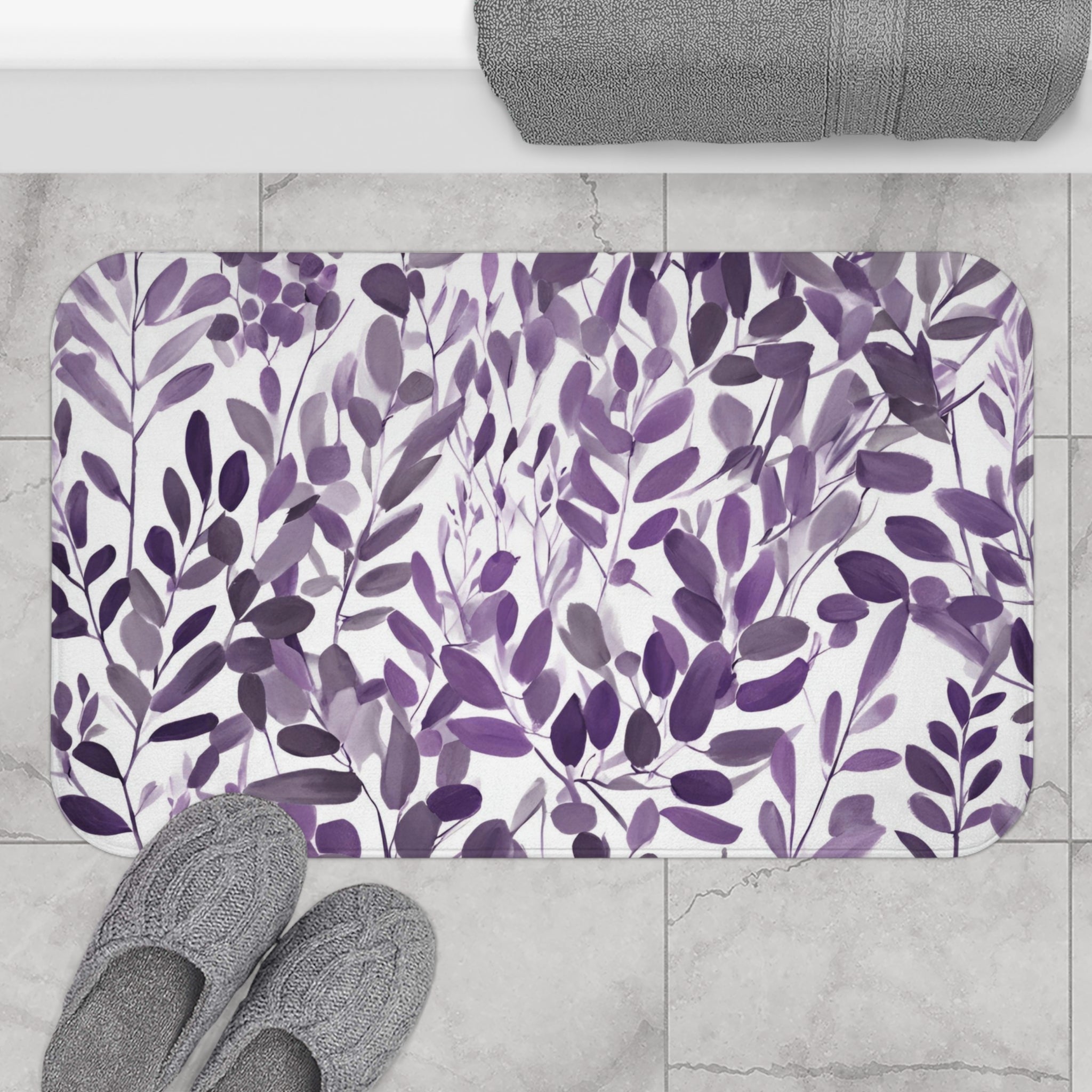 Boho Abstract Leaves Bath Mat | Plum Lilac Purple Kitchen Mat
