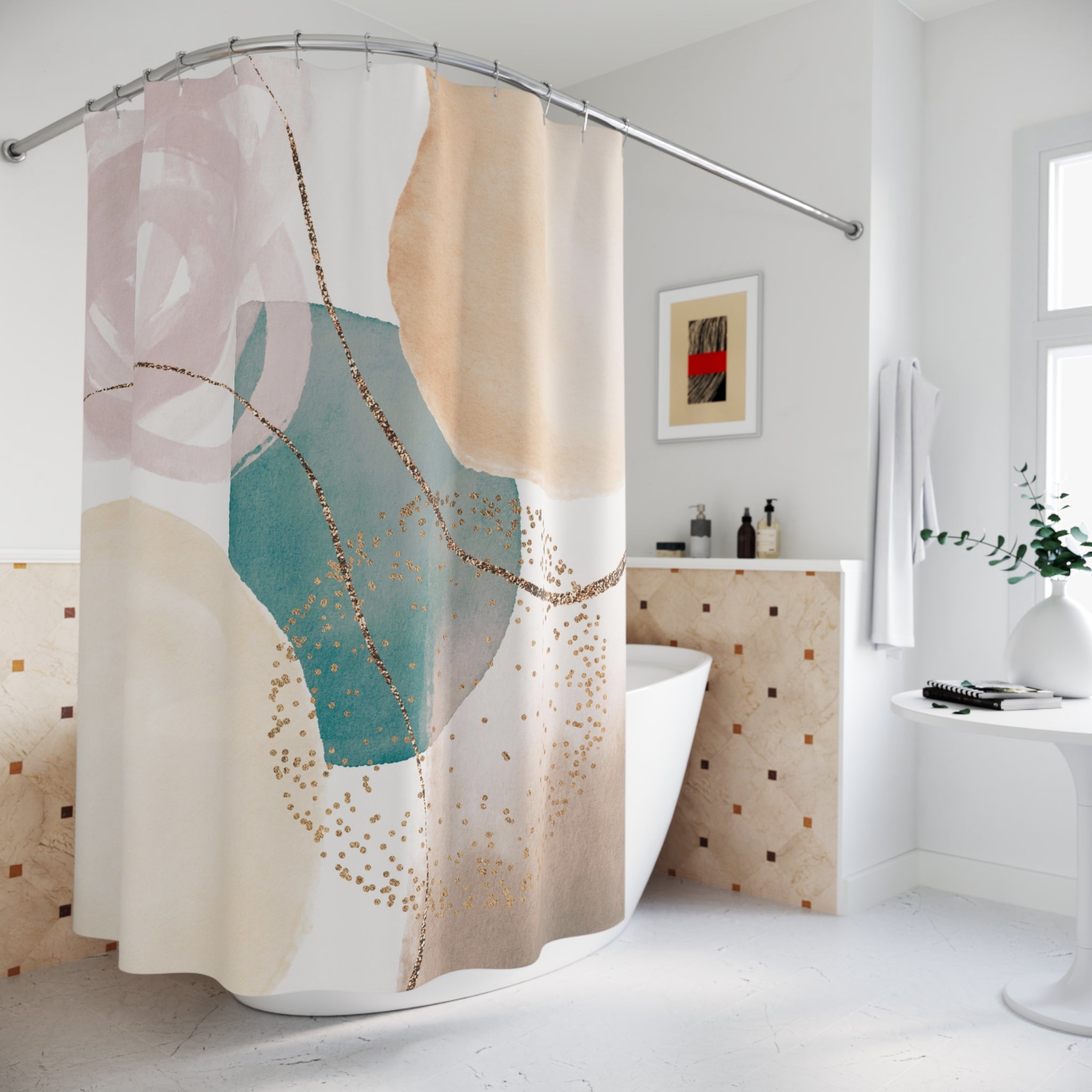 Boho Shower Curtain | Abstract Blush Beige, Teal Green