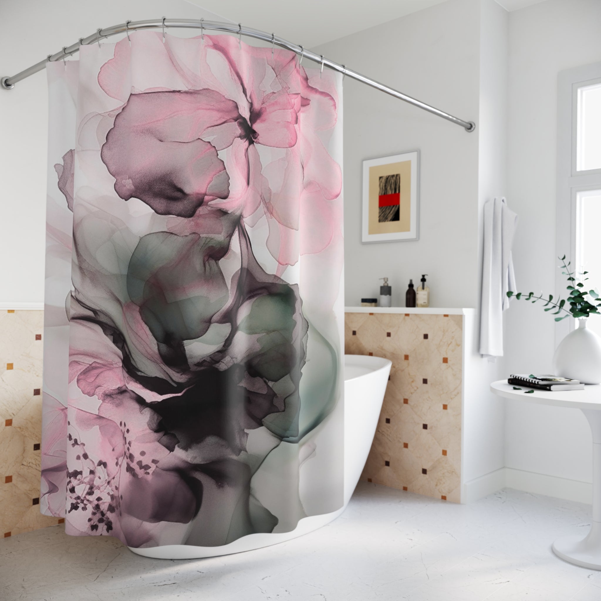 Floral Shower Curtain | Abstract Alcohol Ink, Pink Green Grey