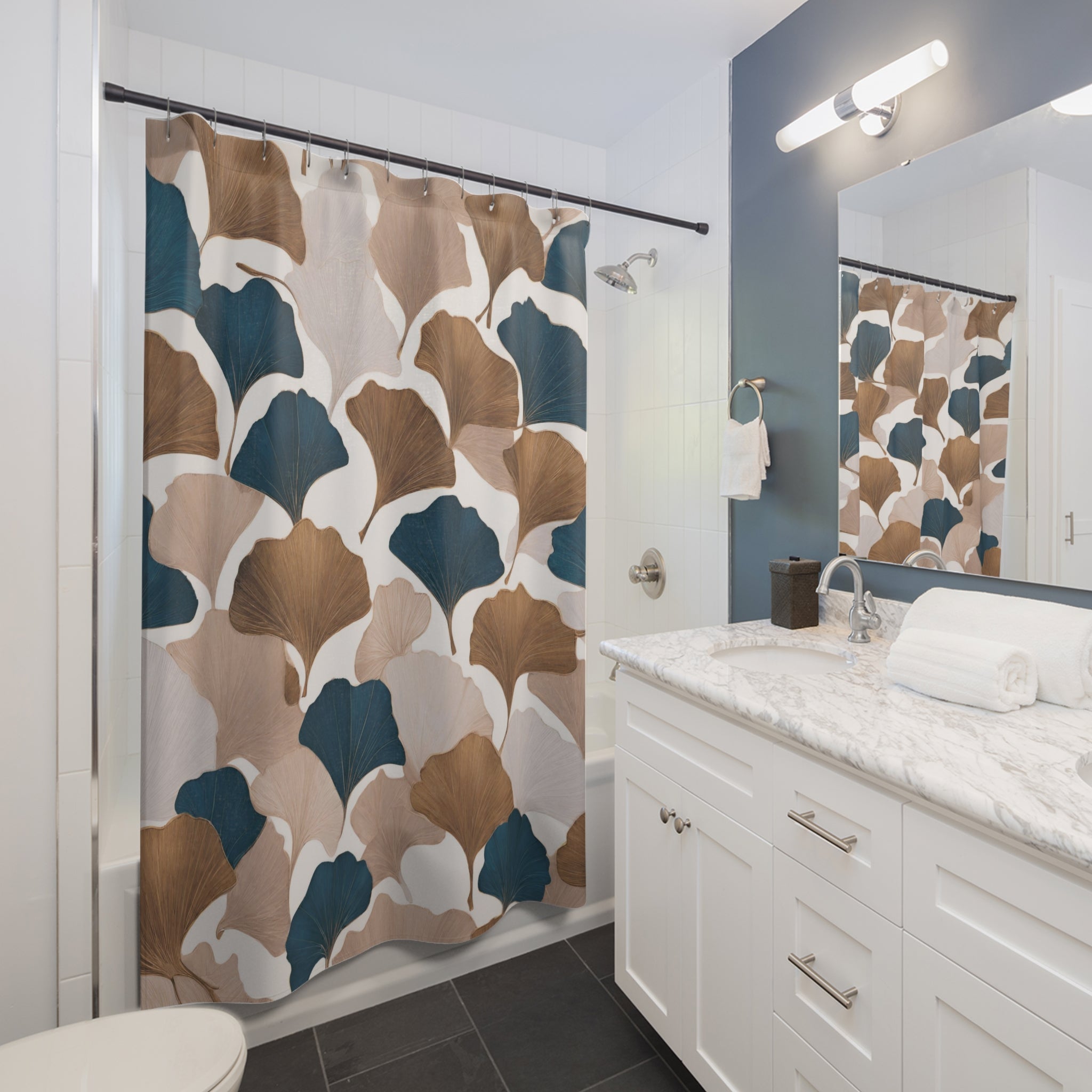 Ginko Floral Shower Curtain | Beige Navy Blue Bathroom