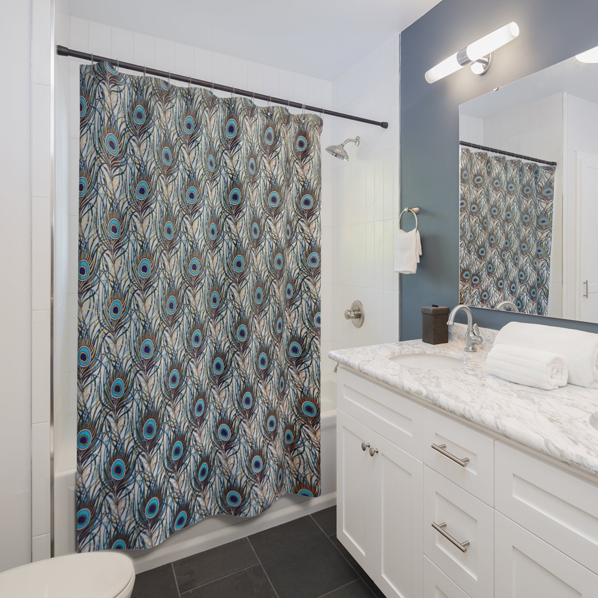 Feather Boho Shower Curtain | Blue Beige